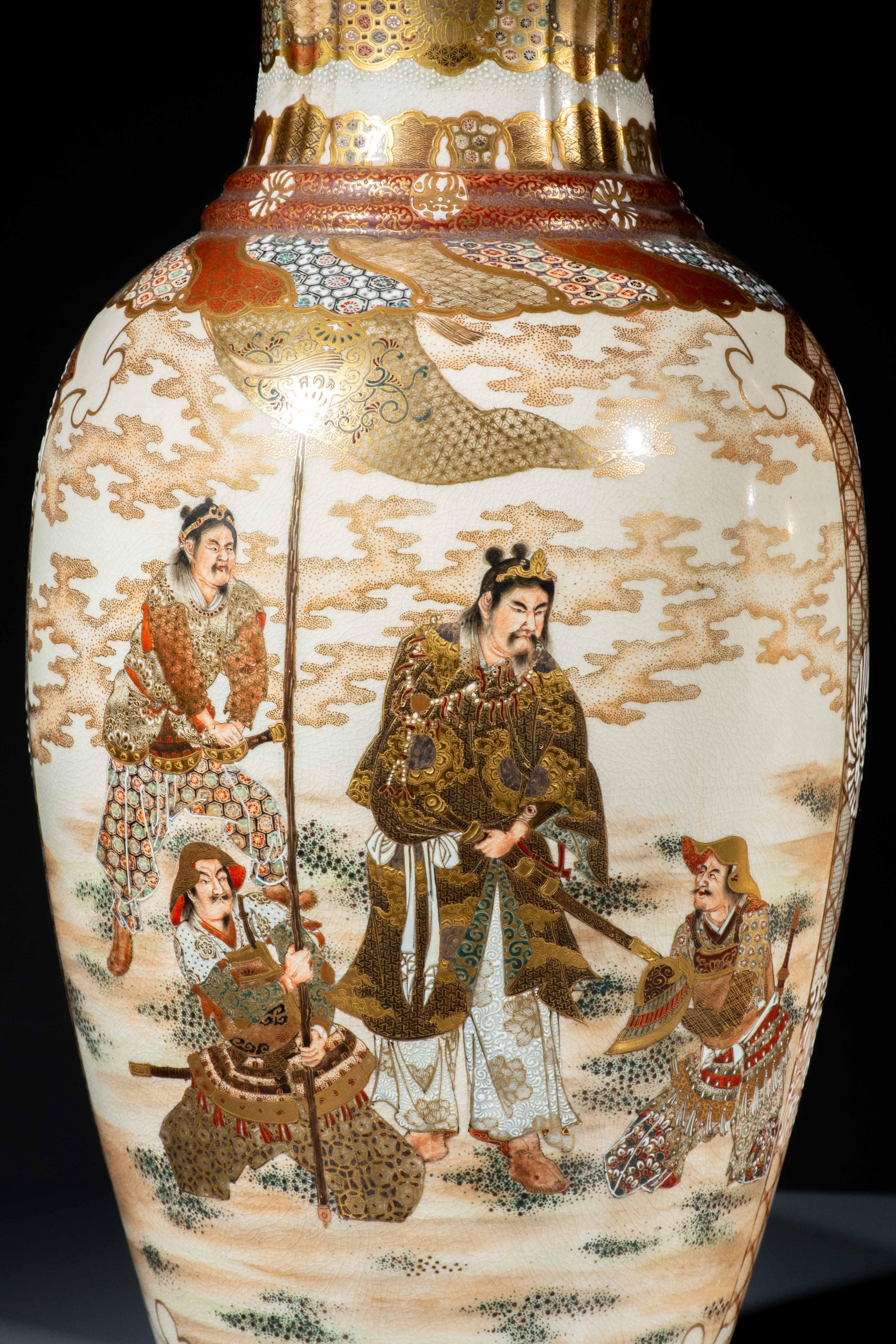 Japanese Pair of large Satsuma vases with imperial scenes, signed Kinkozan For Sale