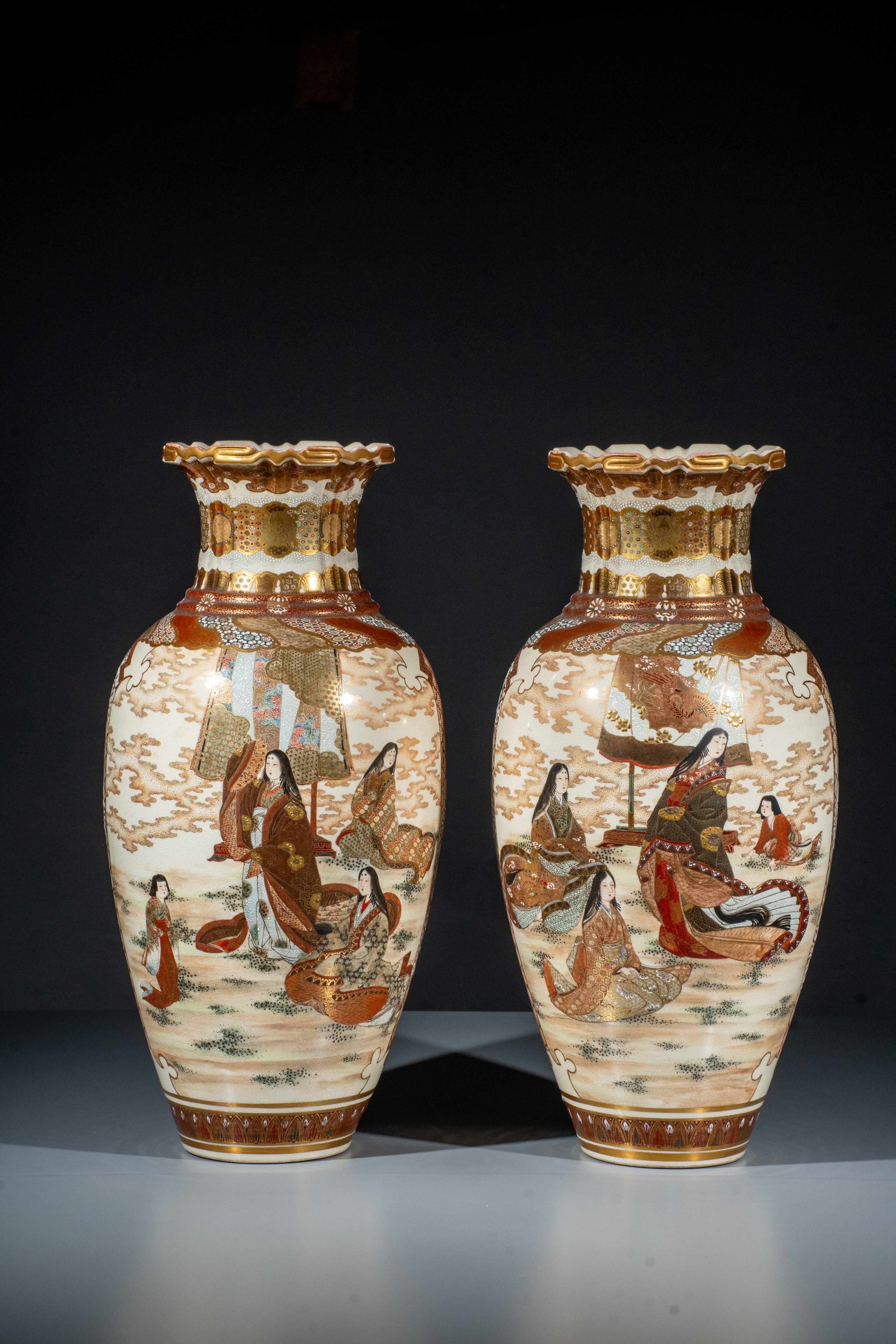 Hand-Painted Pair of large Satsuma vases with imperial scenes, signed Kinkozan For Sale