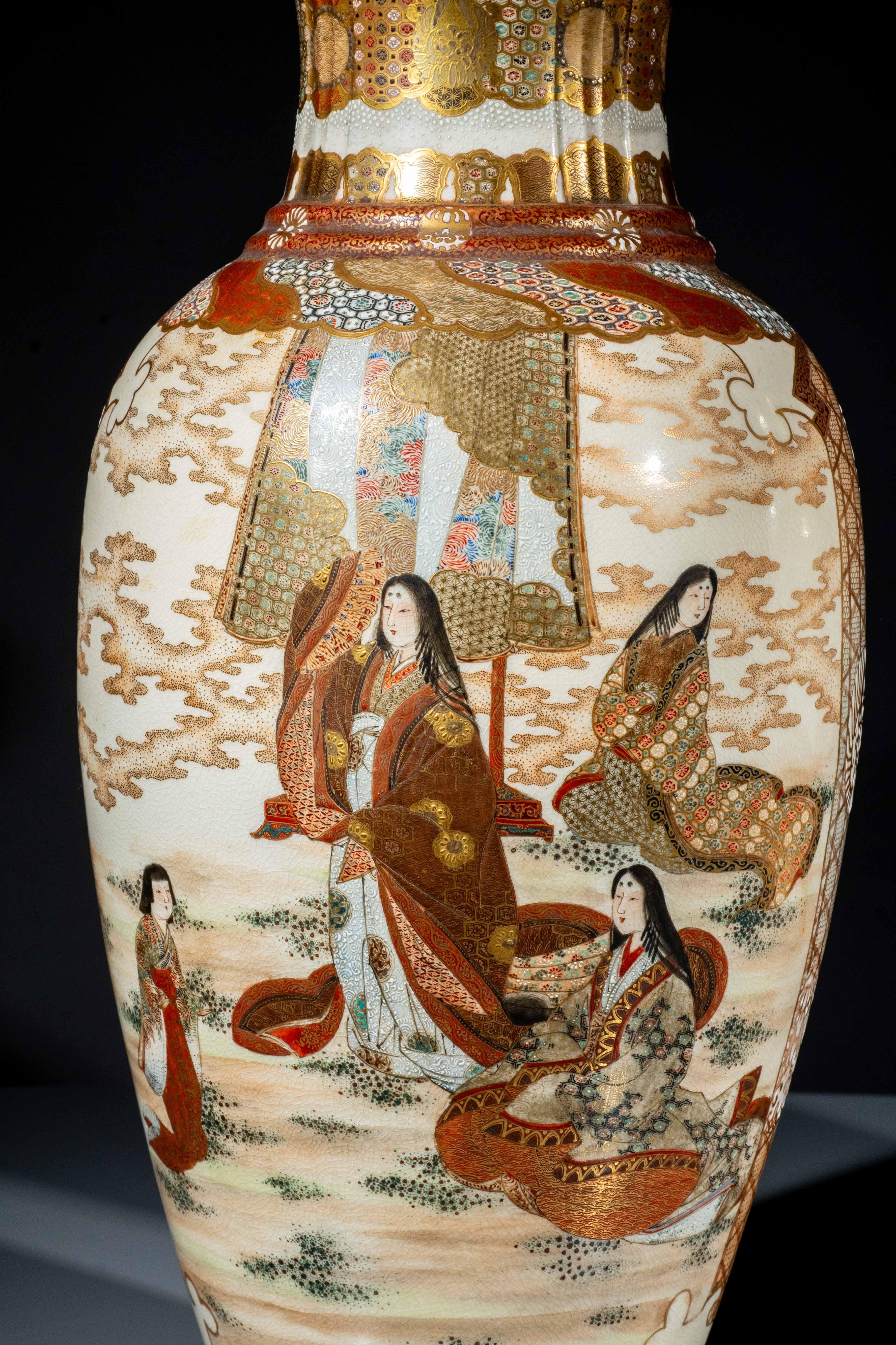 19th Century Pair of large Satsuma vases with imperial scenes, signed Kinkozan For Sale