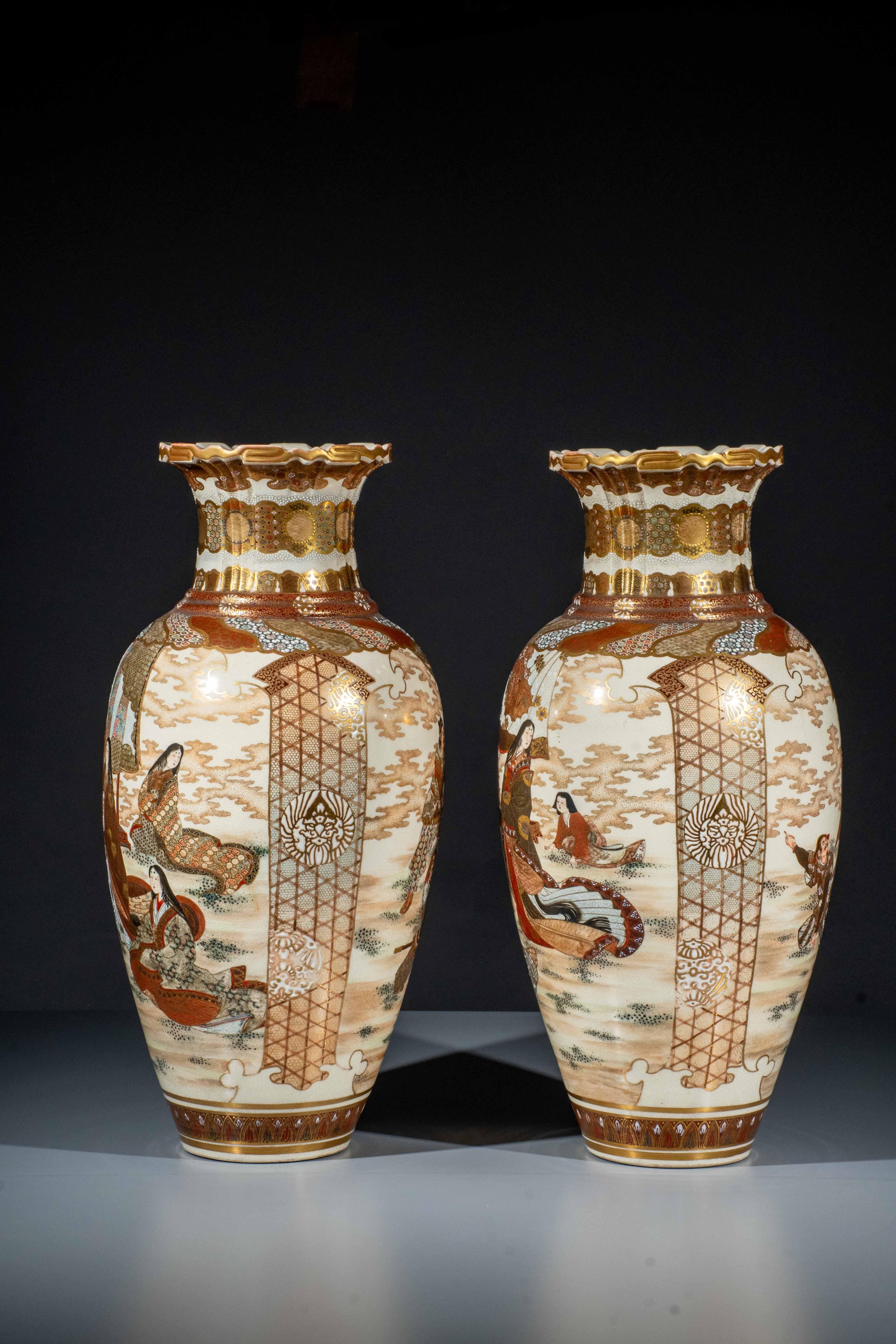 Ceramic Pair of large Satsuma vases with imperial scenes, signed Kinkozan For Sale