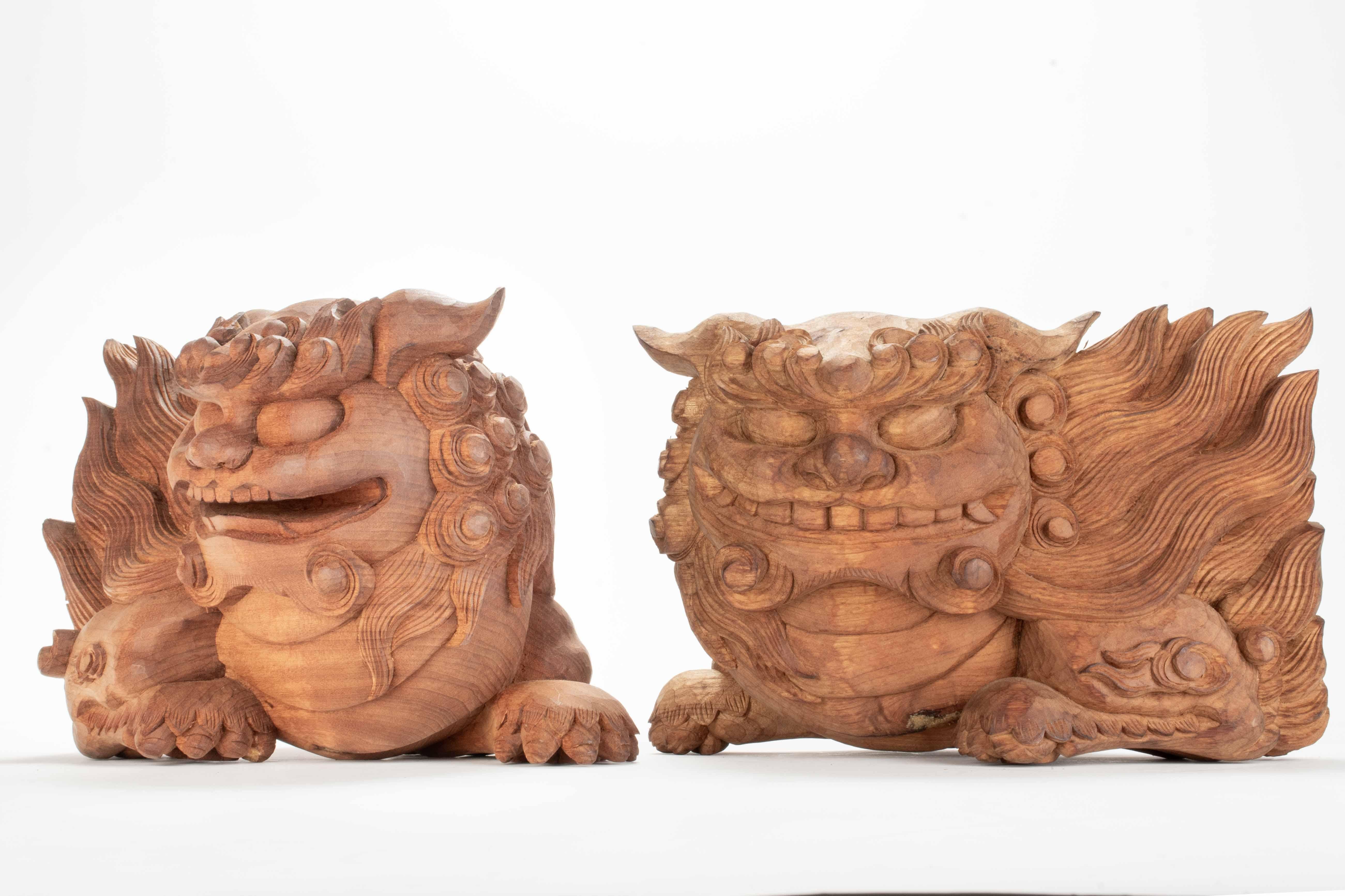 Hand-Carved Pair of shishi-shaped kibana For Sale