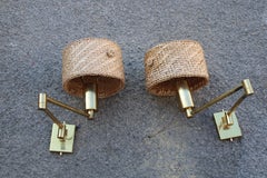 Pair of Bedside Lamps in Brass and Straw Italy 1970s directional