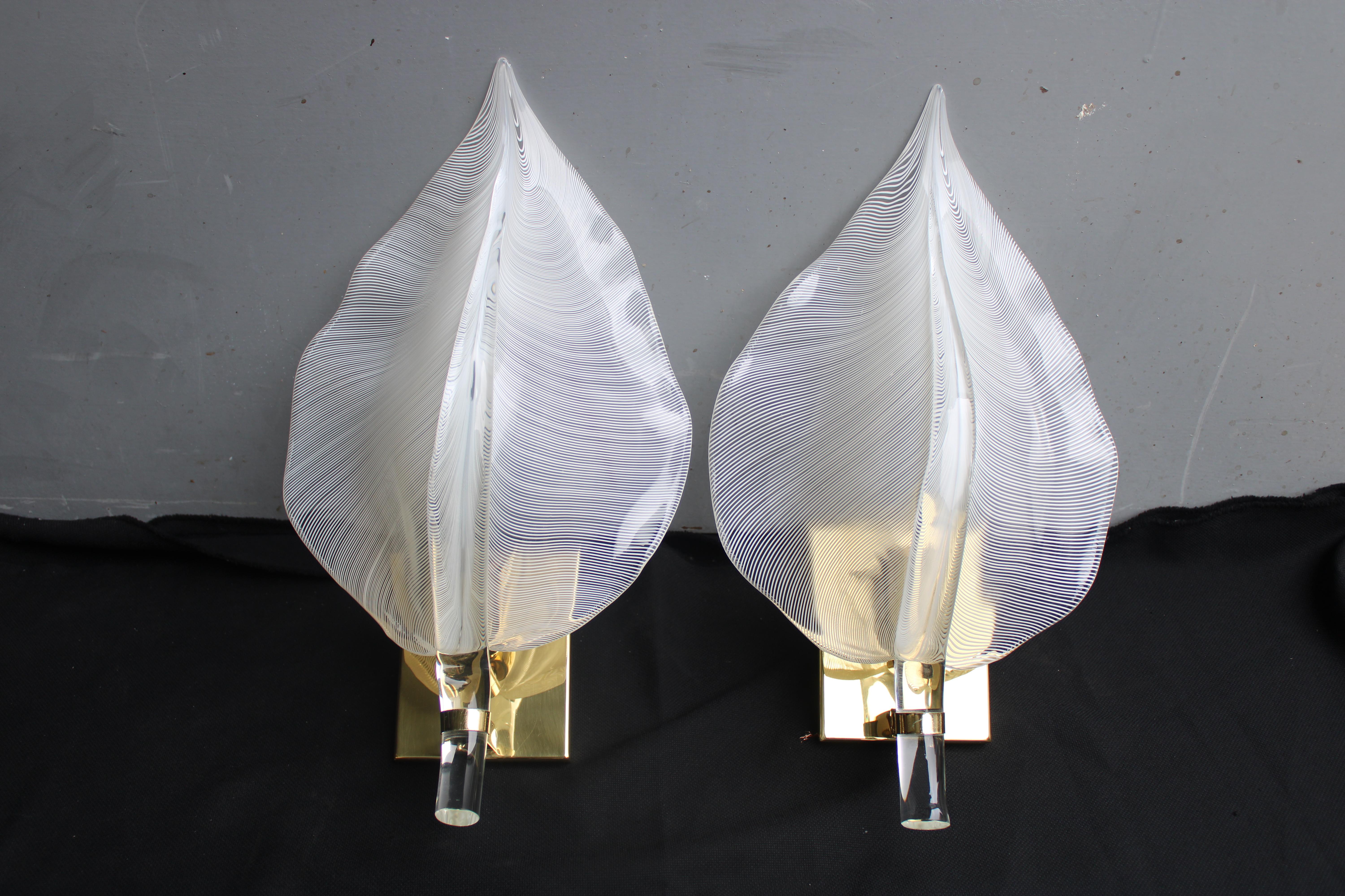 Coppia di lampada da parete a forma di Foglia vetro di Murano Ottone Franco Luce in vendita 3