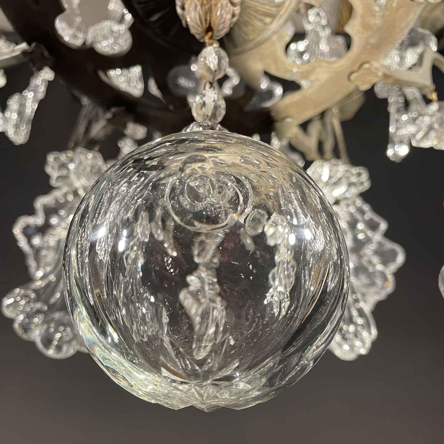 Pair of French Crystal and Bronze Twelve-Light Chandeliers Mid-20th Century 6