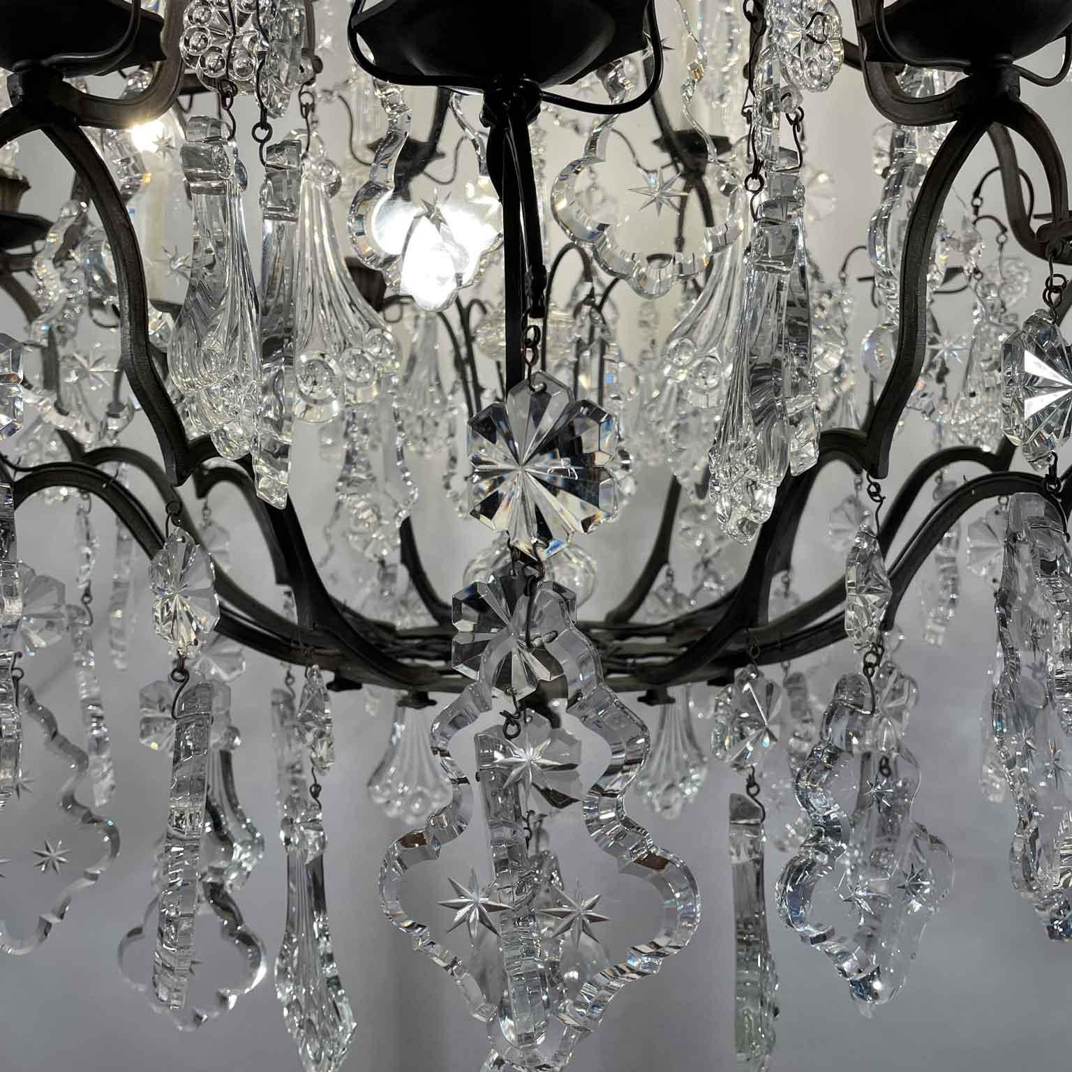 Pair of French Crystal and Bronze Twelve-Light Chandeliers Mid-20th Century 7