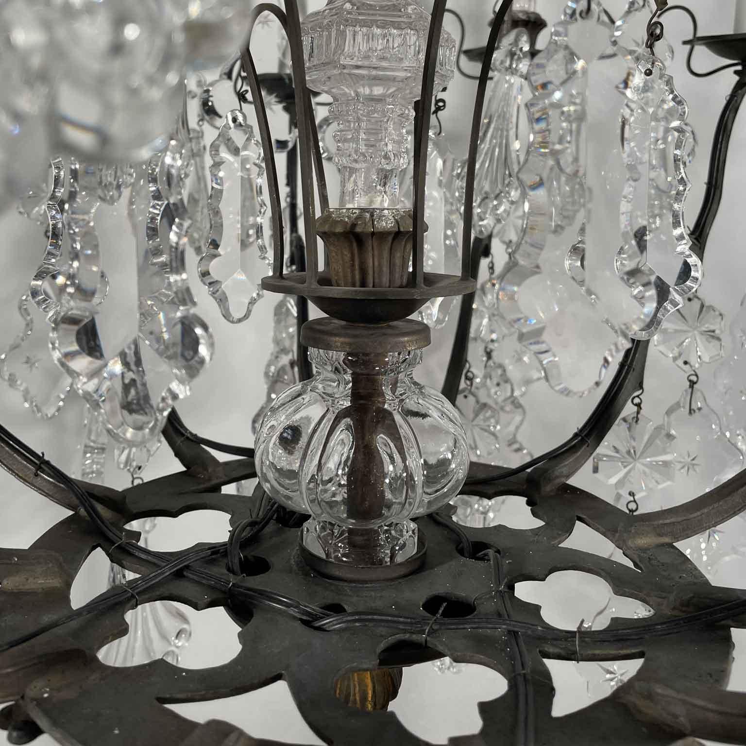 Pair of French Crystal and Bronze Twelve-Light Chandeliers Mid-20th Century 8