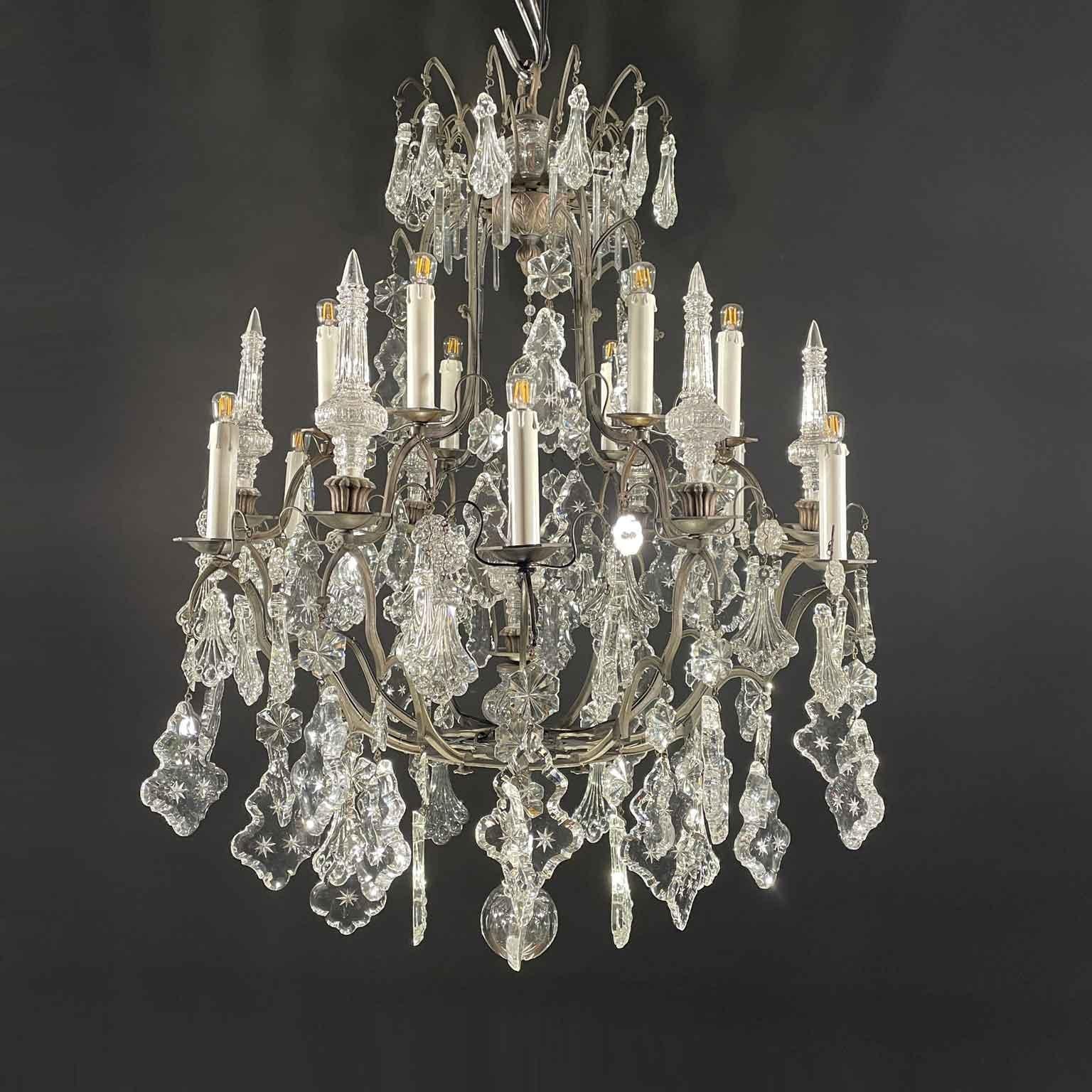 Mid-Century Modern Pair of French Crystal and Bronze Twelve-Light Chandeliers Mid-20th Century
