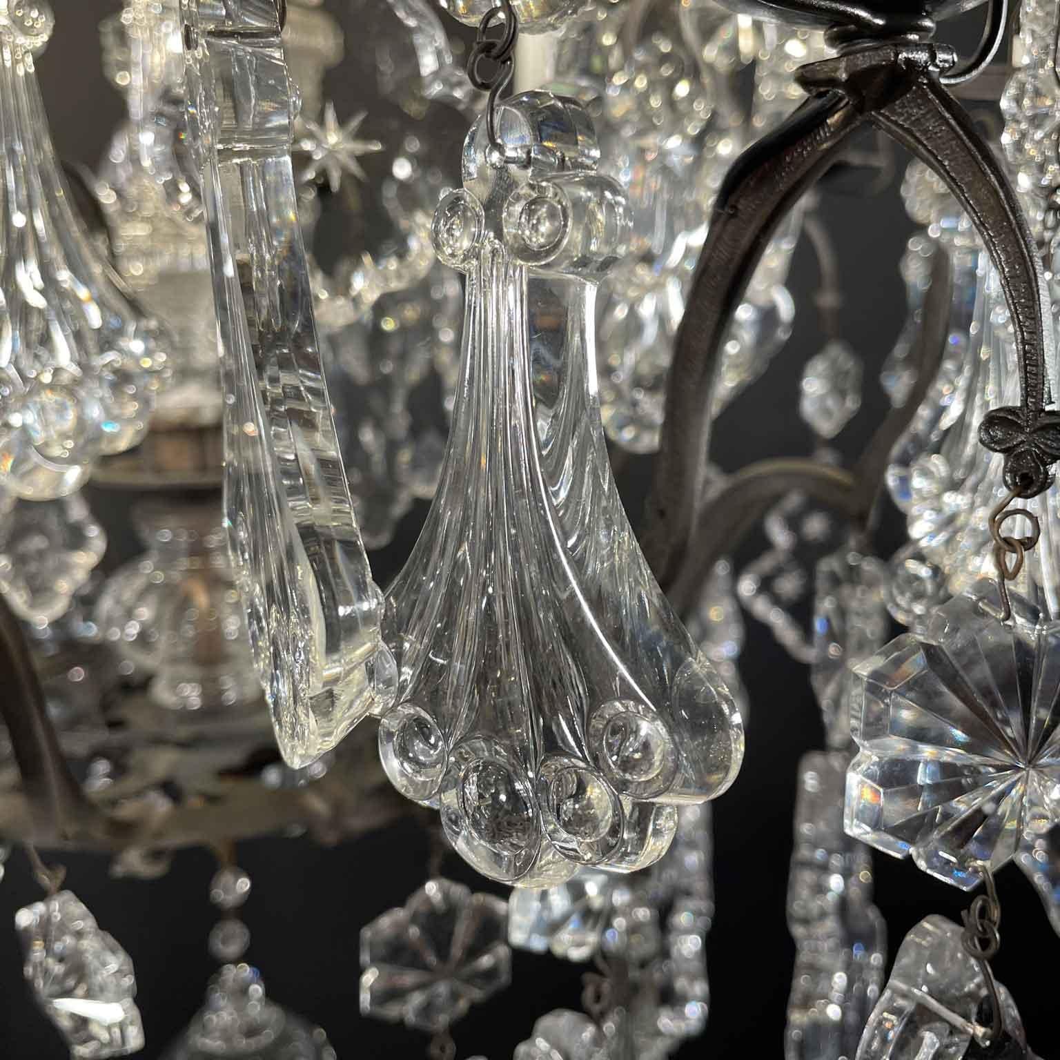Pair of French Crystal and Bronze Twelve-Light Chandeliers Mid-20th Century 1
