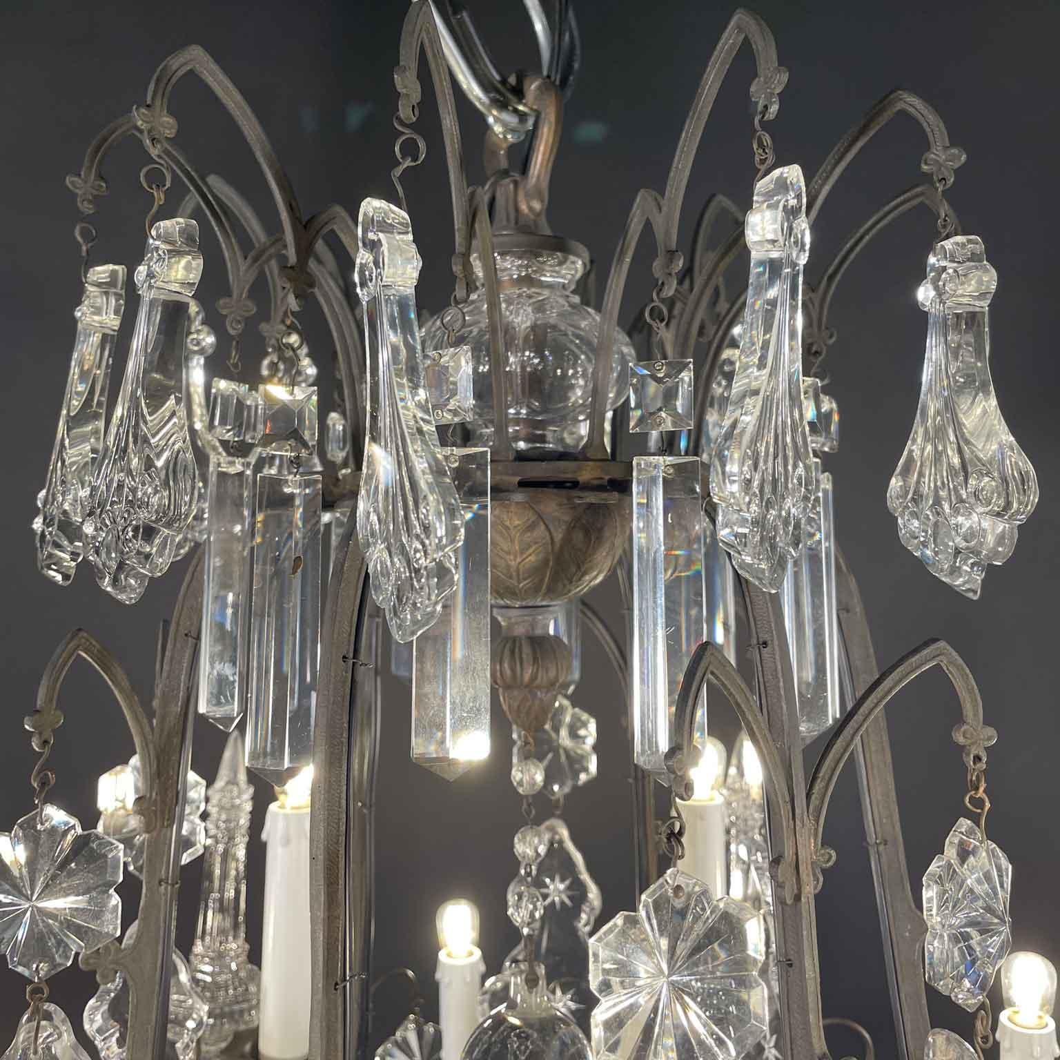 Pair of French Crystal and Bronze Twelve-Light Chandeliers Mid-20th Century 3