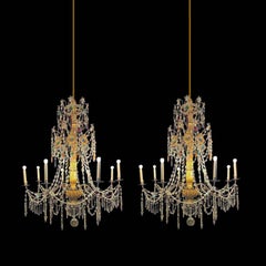 Pair of Italian Genovese Empire Chandeliers in Crystal and Gilded Wood 1780s