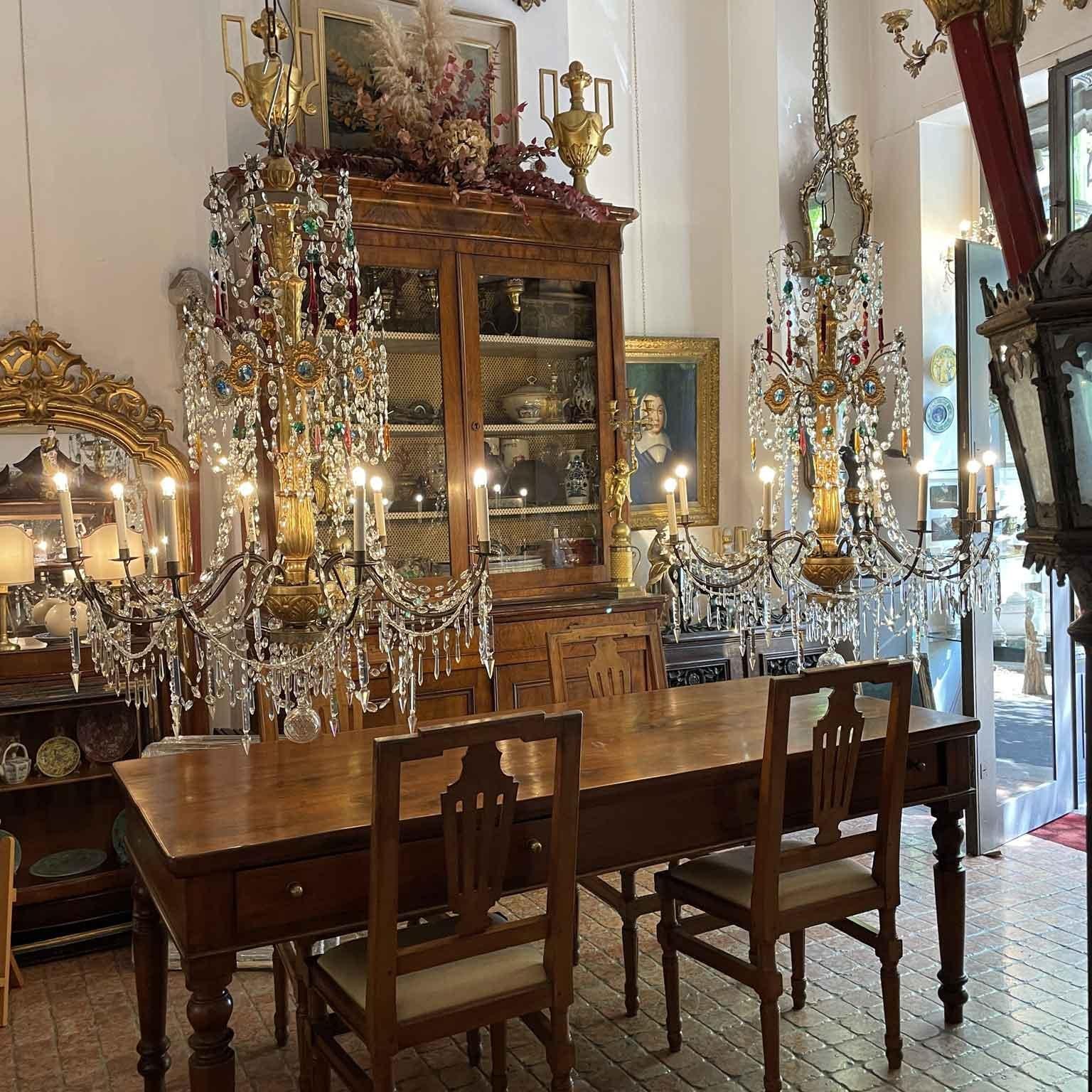 Con perline Coppia di Lampadari Impero XVIII Secolo Italiani Genovesi Antichi in Cristallo in vendita