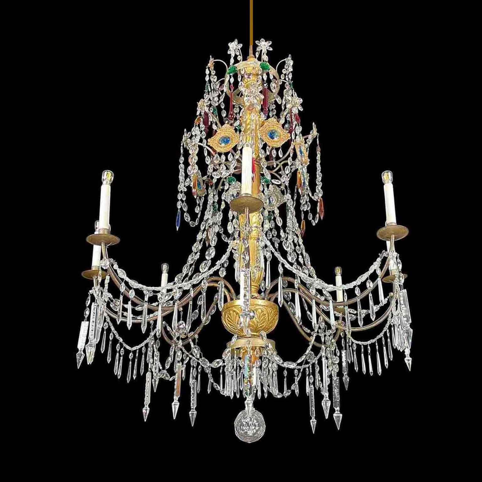 Ottone Coppia di Lampadari Impero XVIII Secolo Italiani Genovesi Antichi in Cristallo in vendita