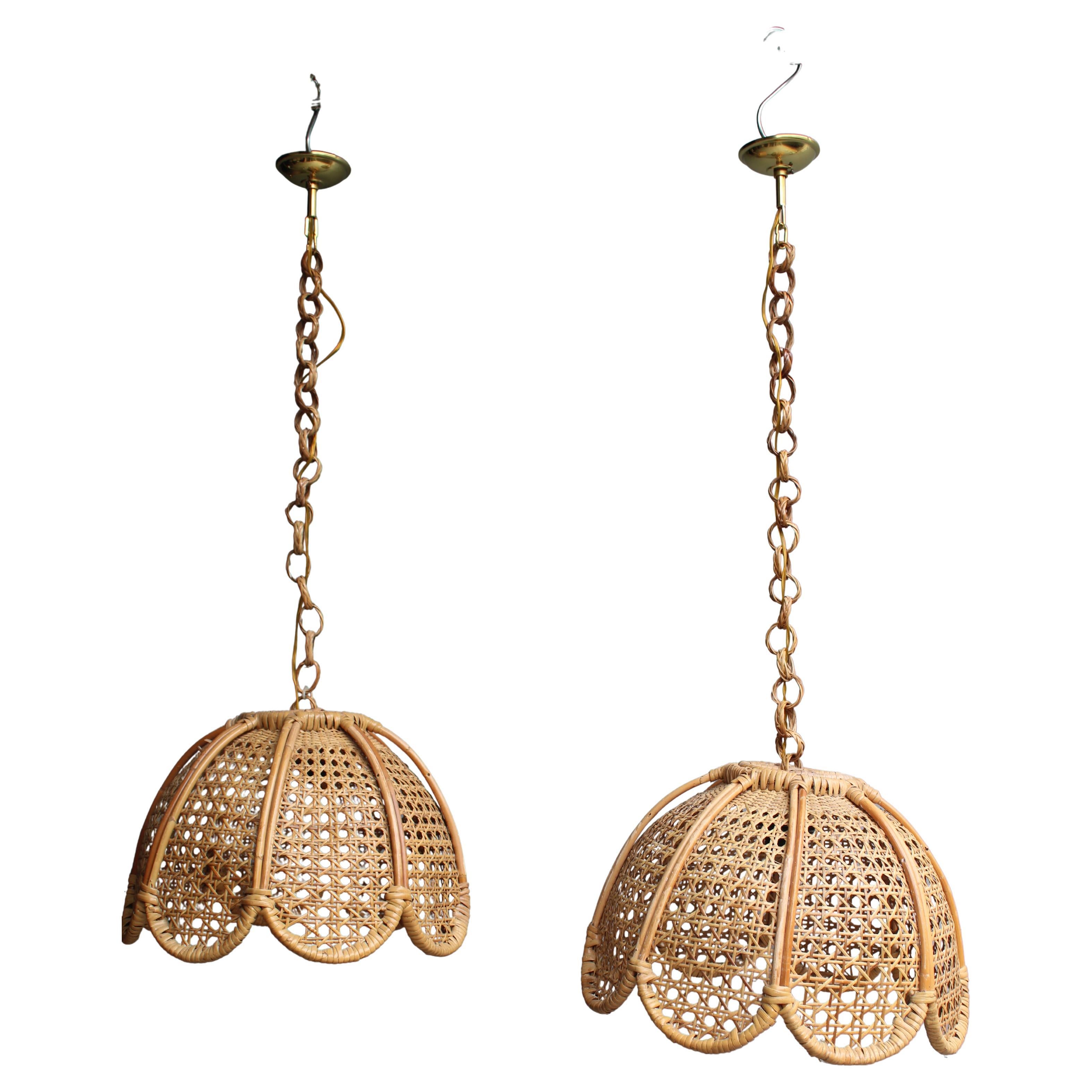 Coppia di Lampadari in Bambù e Ottone design Italiano 1970 Paglia im Angebot