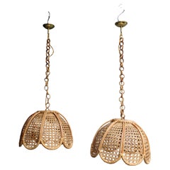 Coppia di Lampadari in Bambù e Ottone design Italiano 1970 Paglia