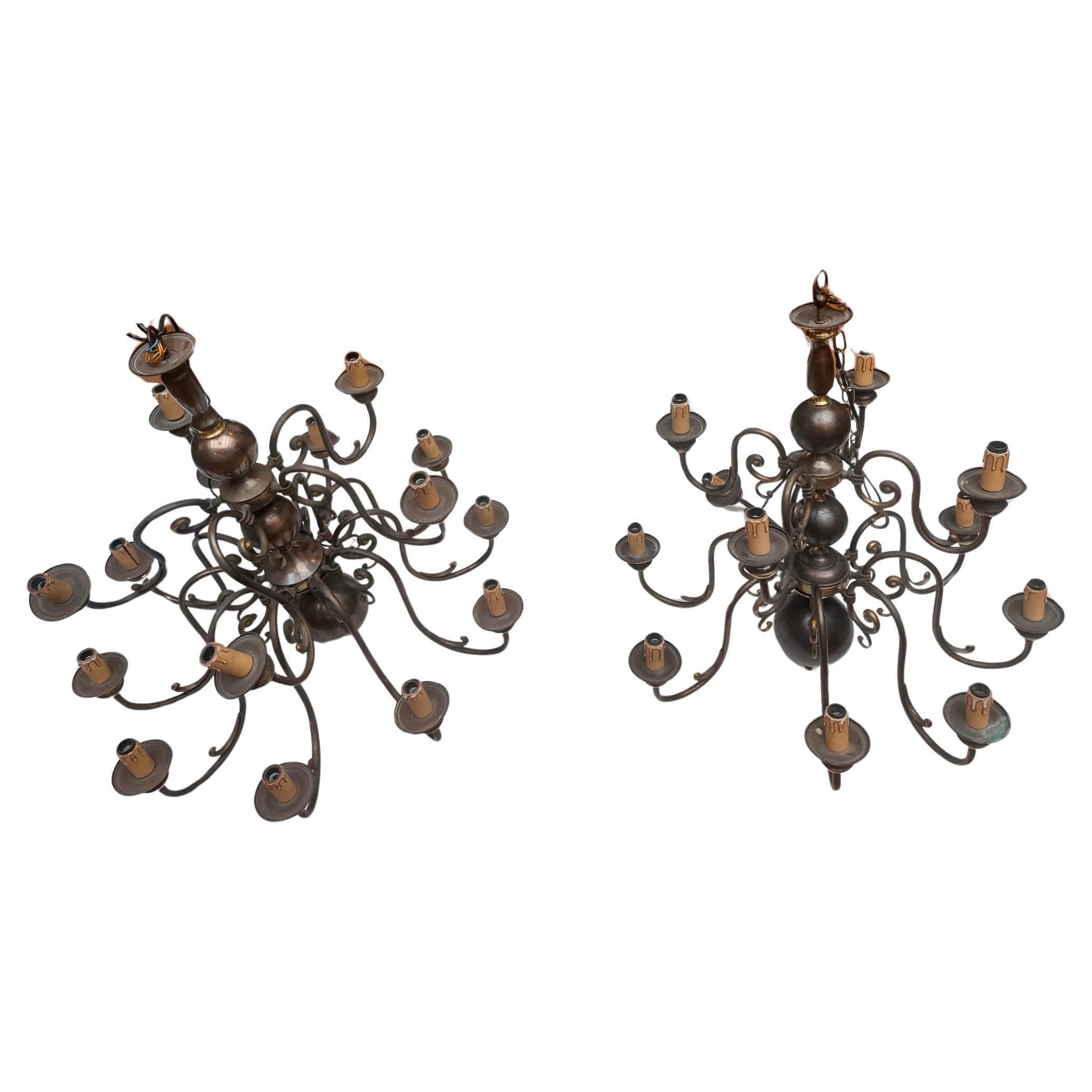 Pair of late 19th century bronze chandeliers in Dutch 17th century style
