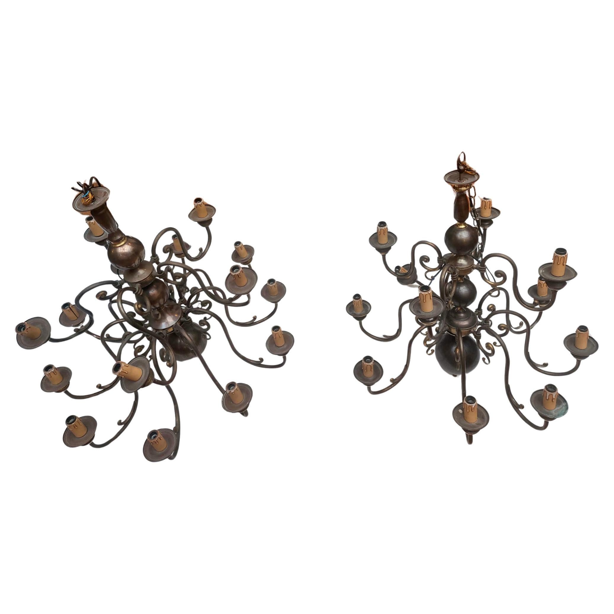 Pair of bronze chandeliers in 17th-century Dutch style