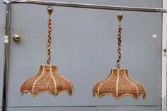 Pair of Viennese Straw Chandeliers 1970 Italy Bamboo and Brass