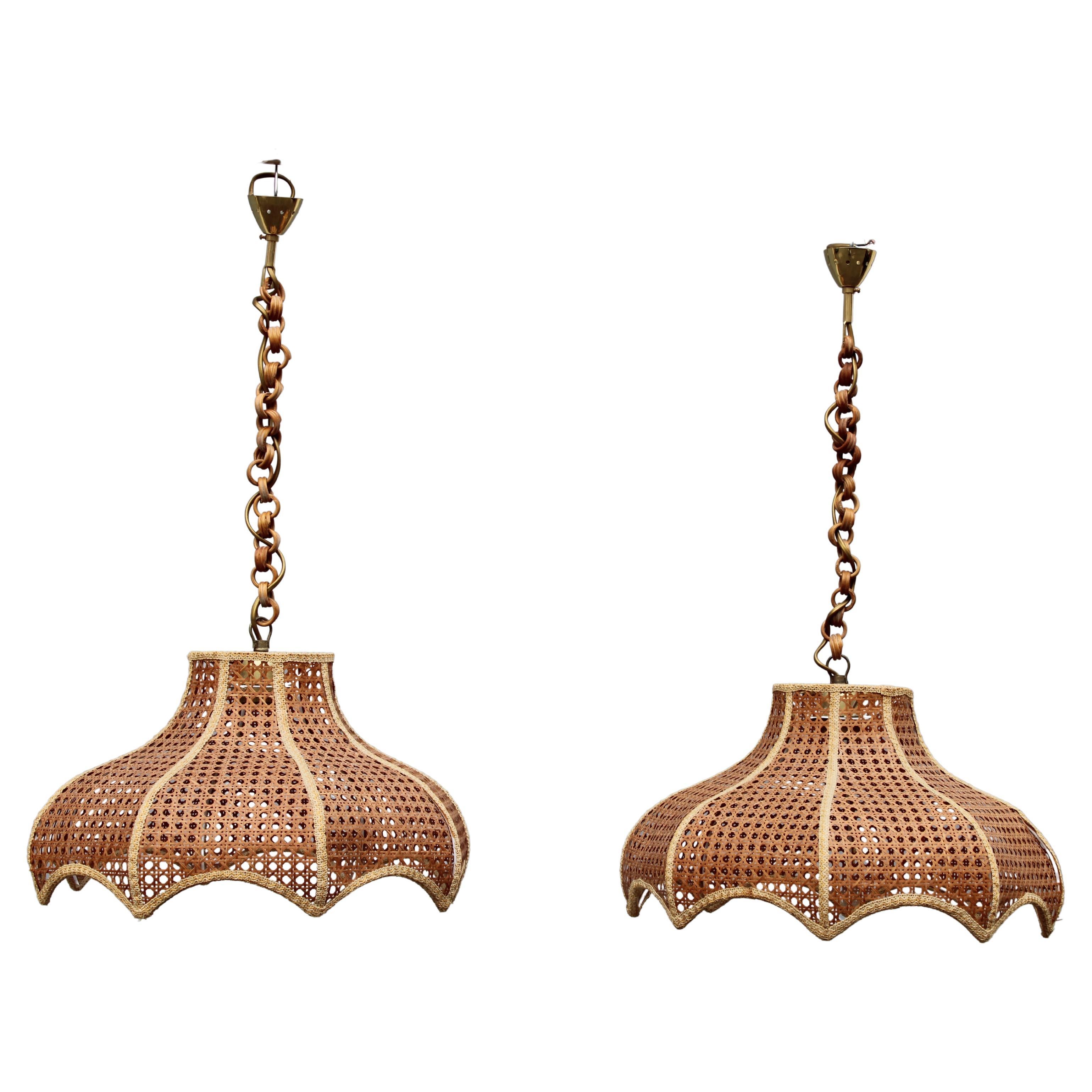 Pair of Viennese Straw Chandeliers 1970 Italy Bamboo and Brass