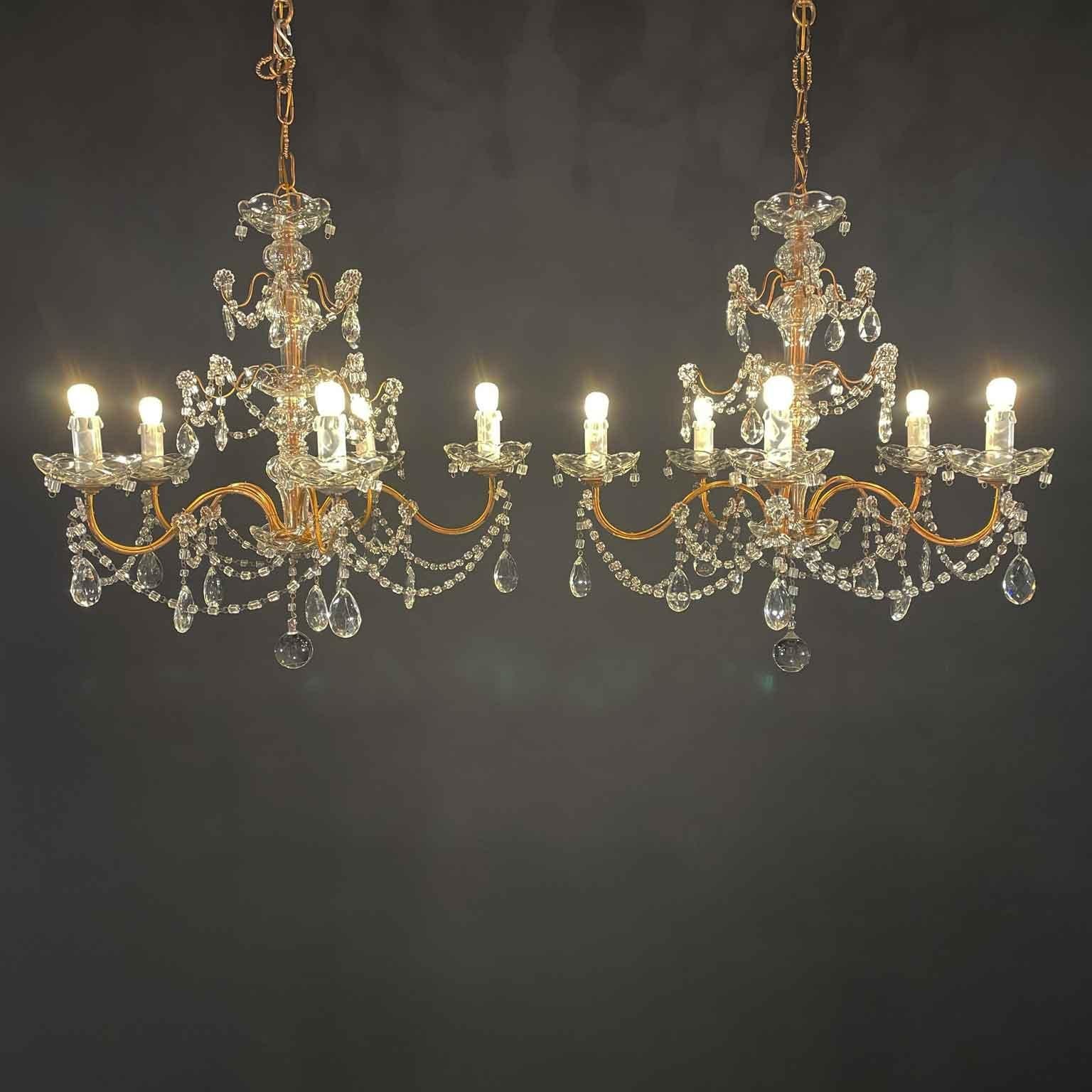 Pareja De Candelabros Italianos De Cristal Y Hierro Dorado Cinco Luces Circa 1955 en venta 6