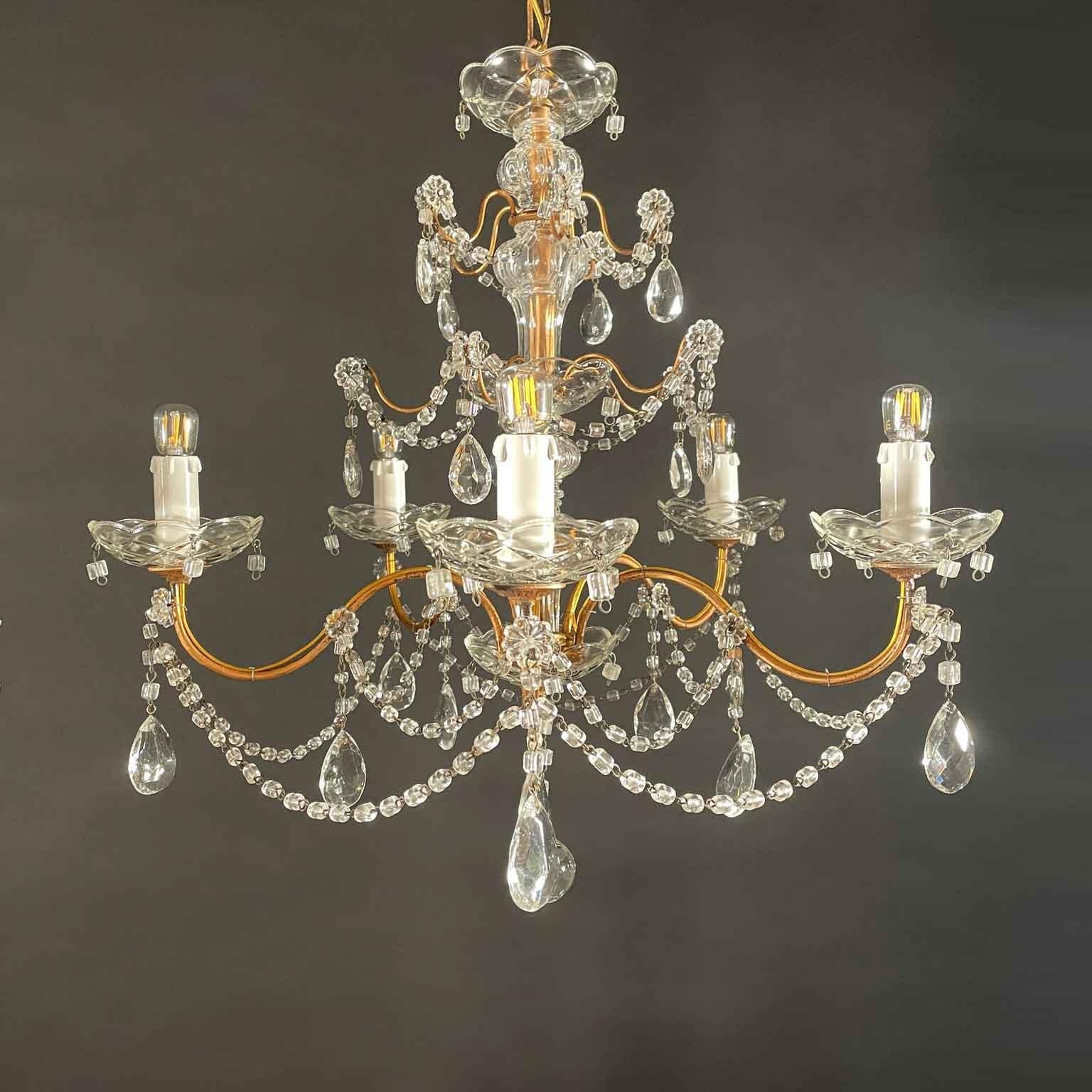 Pareja De Candelabros Italianos De Cristal Y Hierro Dorado Cinco Luces Circa 1955 en venta 7