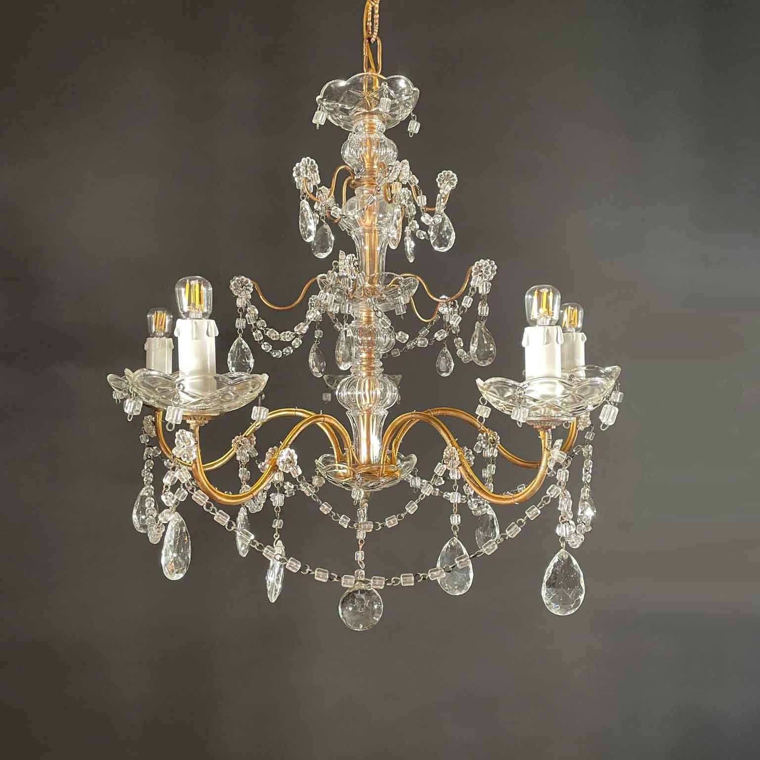 Pareja De Candelabros Italianos De Cristal Y Hierro Dorado Cinco Luces Circa 1955 en venta 8