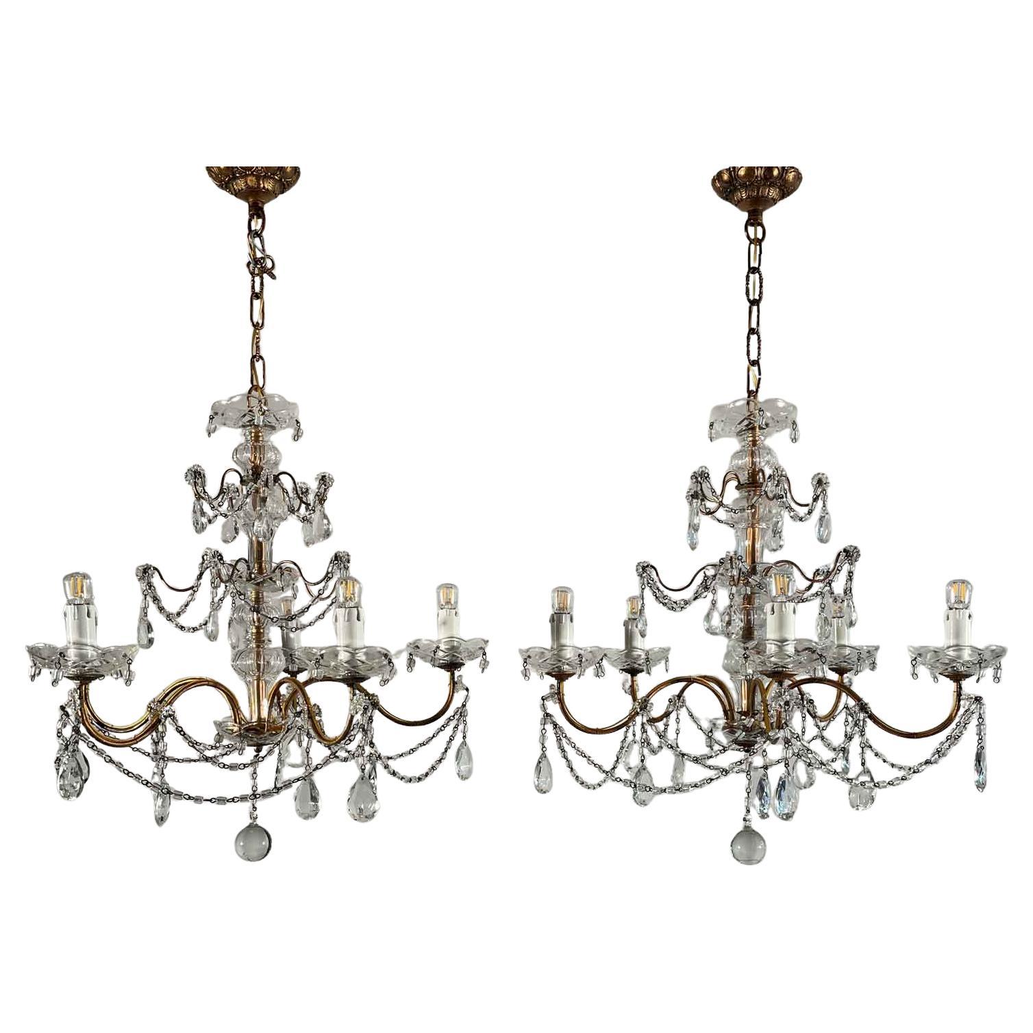 Pair Of Italian Crystal And Gilded Iron Chandeliers Five Lights Circa 1955