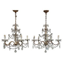 Pair Of Italian Crystal And Gilded Iron Chandeliers Five Lights Circa 1955