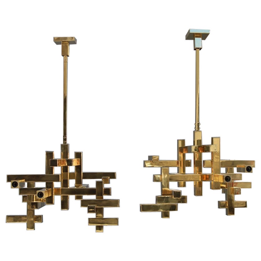 Pair of Sciolari Chandeliers Solid Brass Modernistadesign Italy 1970 Rare