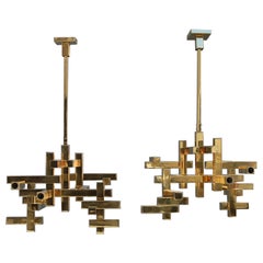 Pair of Sciolari Chandeliers Solid Brass Modernistadesign Italy 1970 Rare