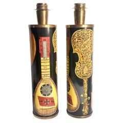 Pair Of Cylindrical Lamps With Musical Instruments By Piero Fornasetti Anni 50