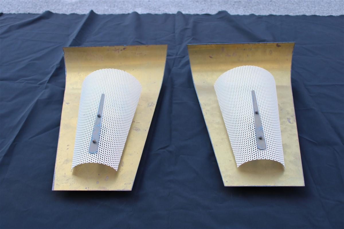 Mid-Century Modern Pair of French Mid-century Wall Lamps in Brass and Perforated Metal For Sale