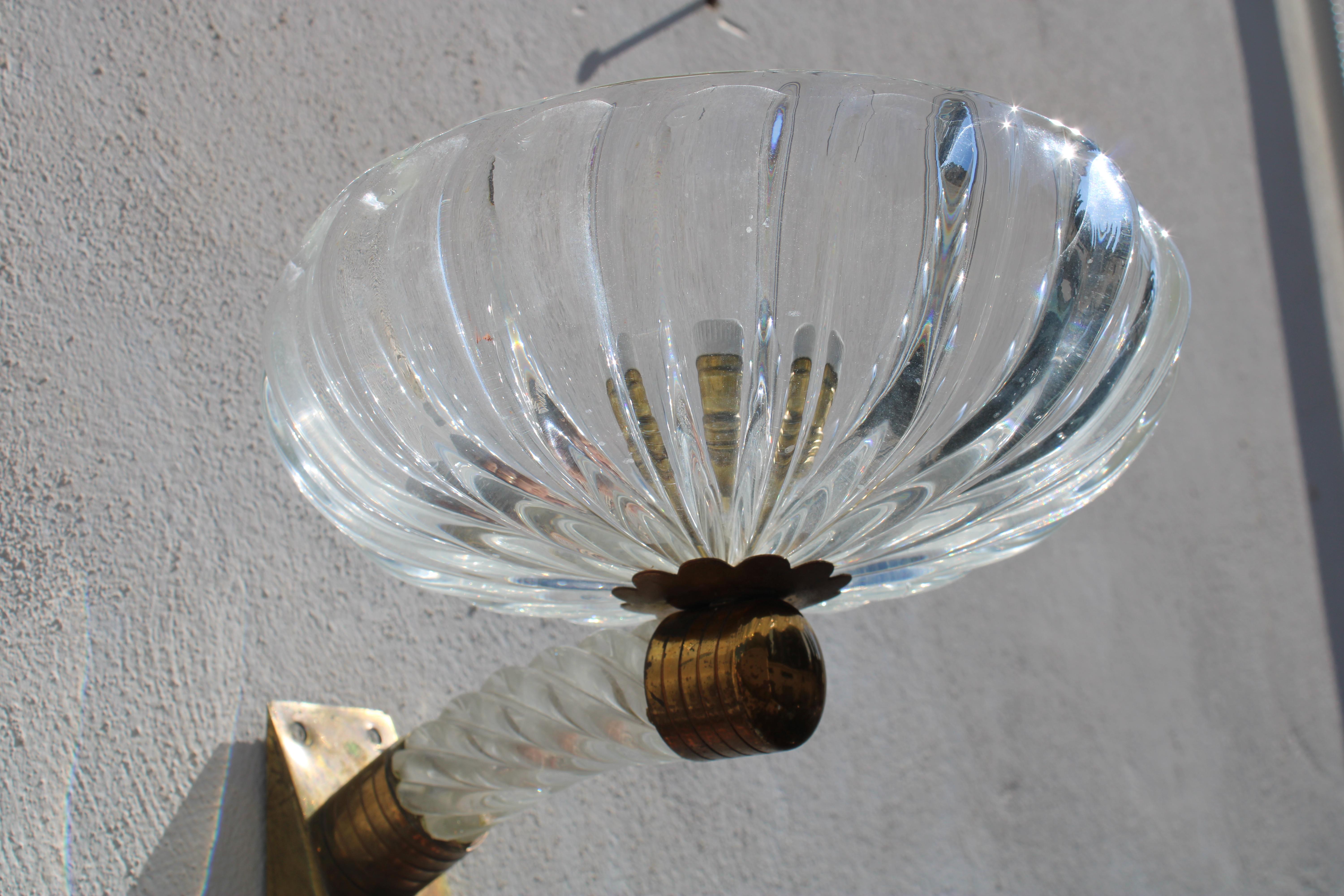 Pair of Barovier 1940 Murano Wall Lamps Brass Parts For Sale 4