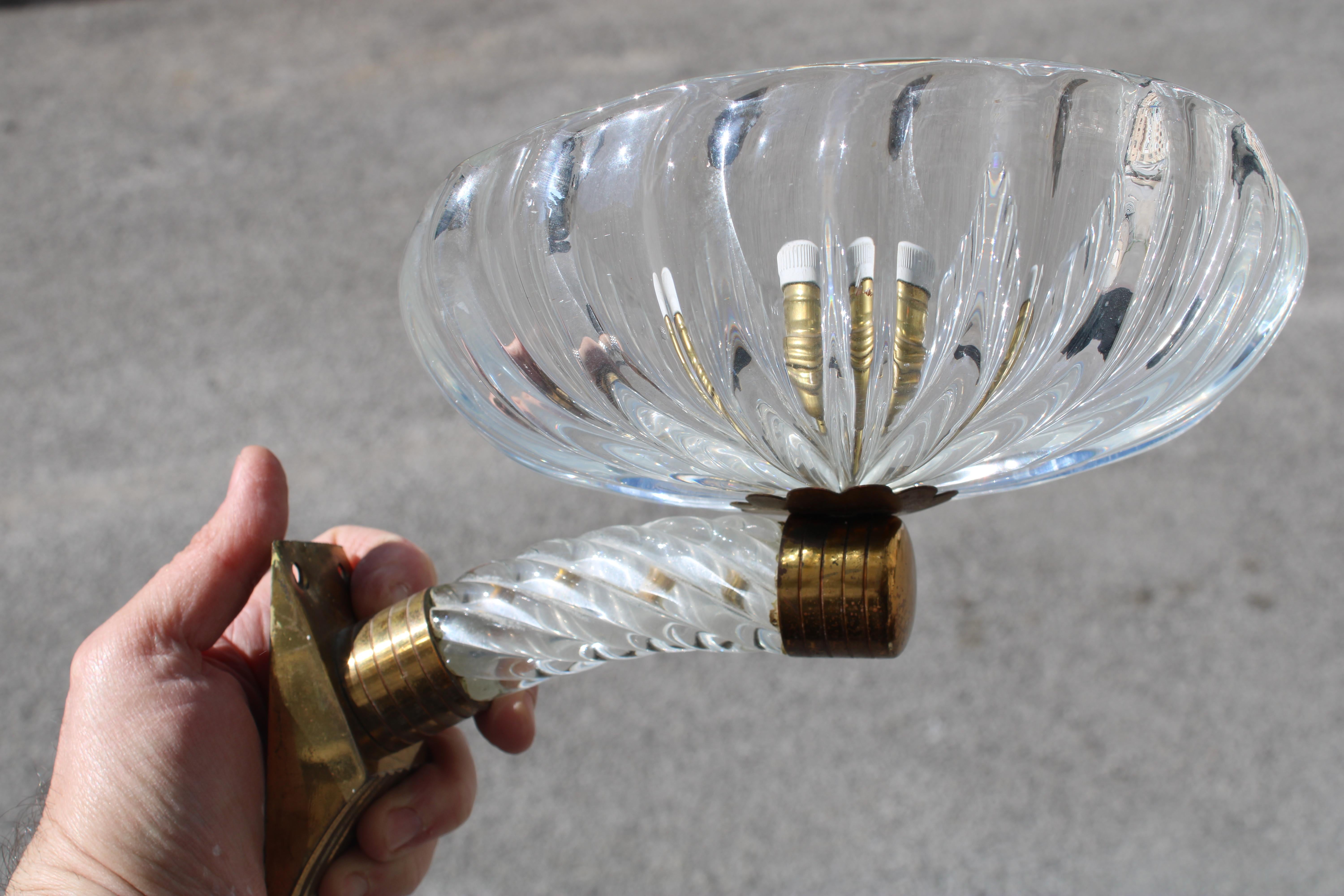 Pair of Barovier 1940 Murano Wall Lamps Brass Parts For Sale 5
