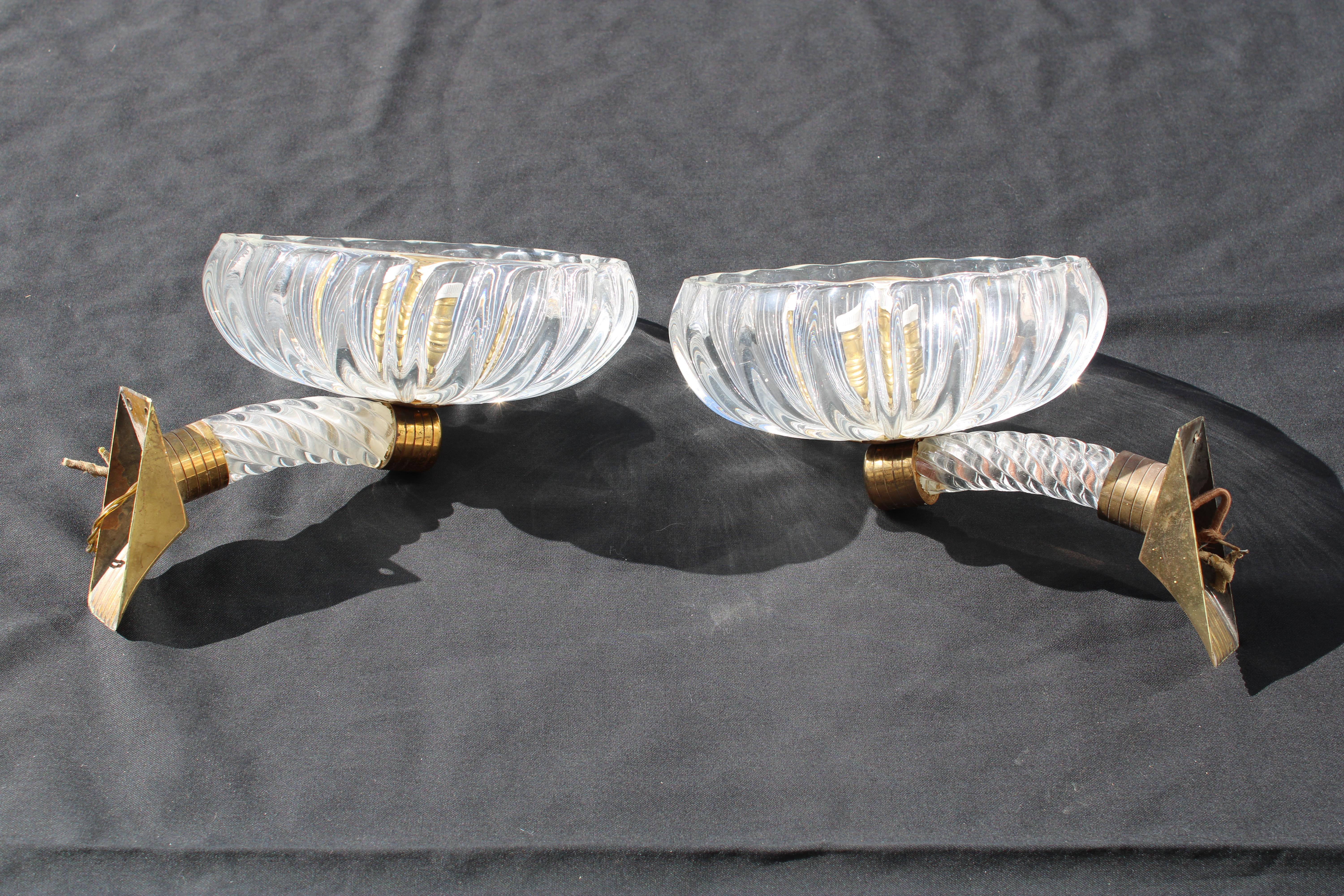 Pair of Original 1940 Barovier Wall Lights in Murano Glass and Brass.