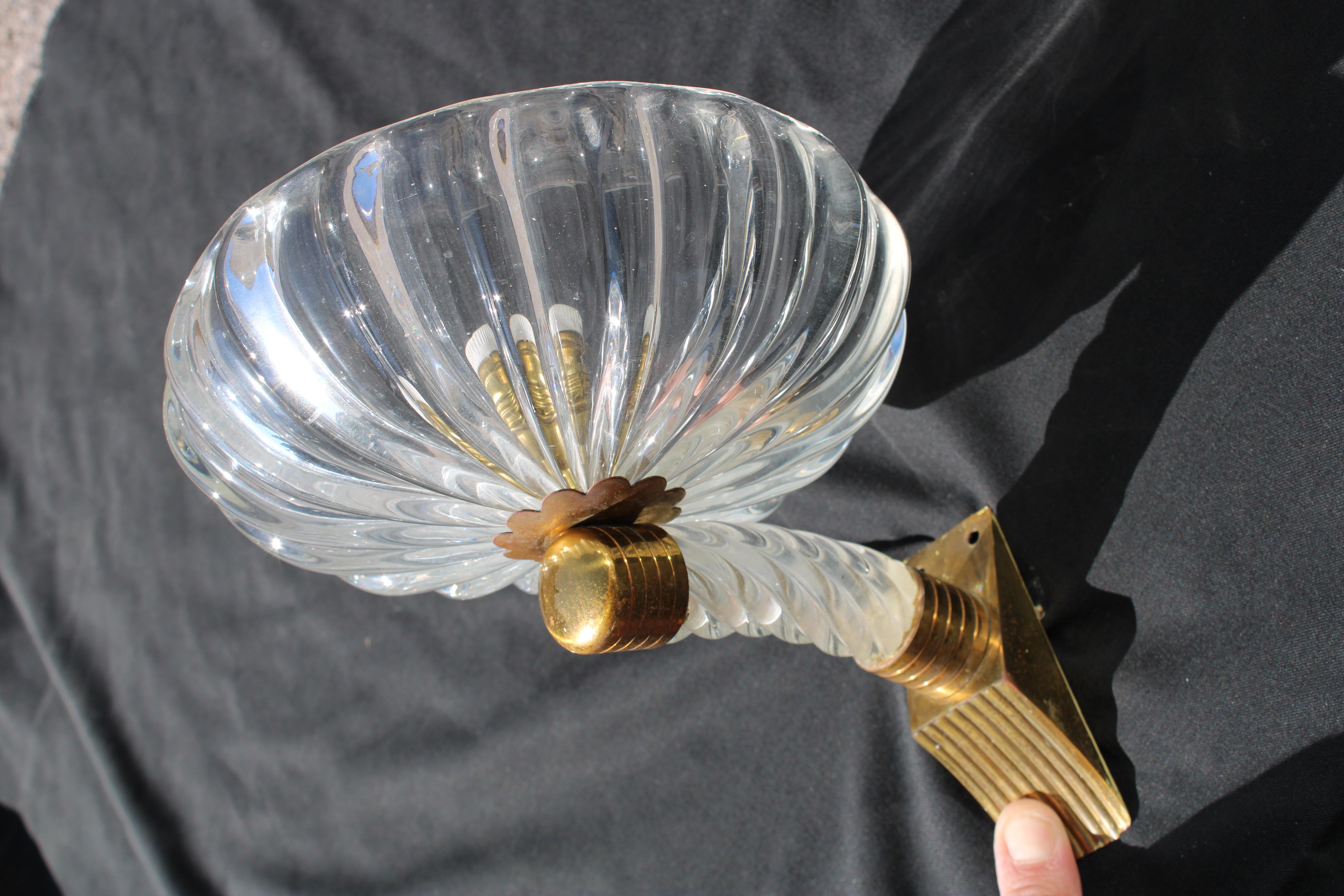 Mid-Century Modern Pair of Barovier 1940 Murano Wall Lamps Brass Parts For Sale