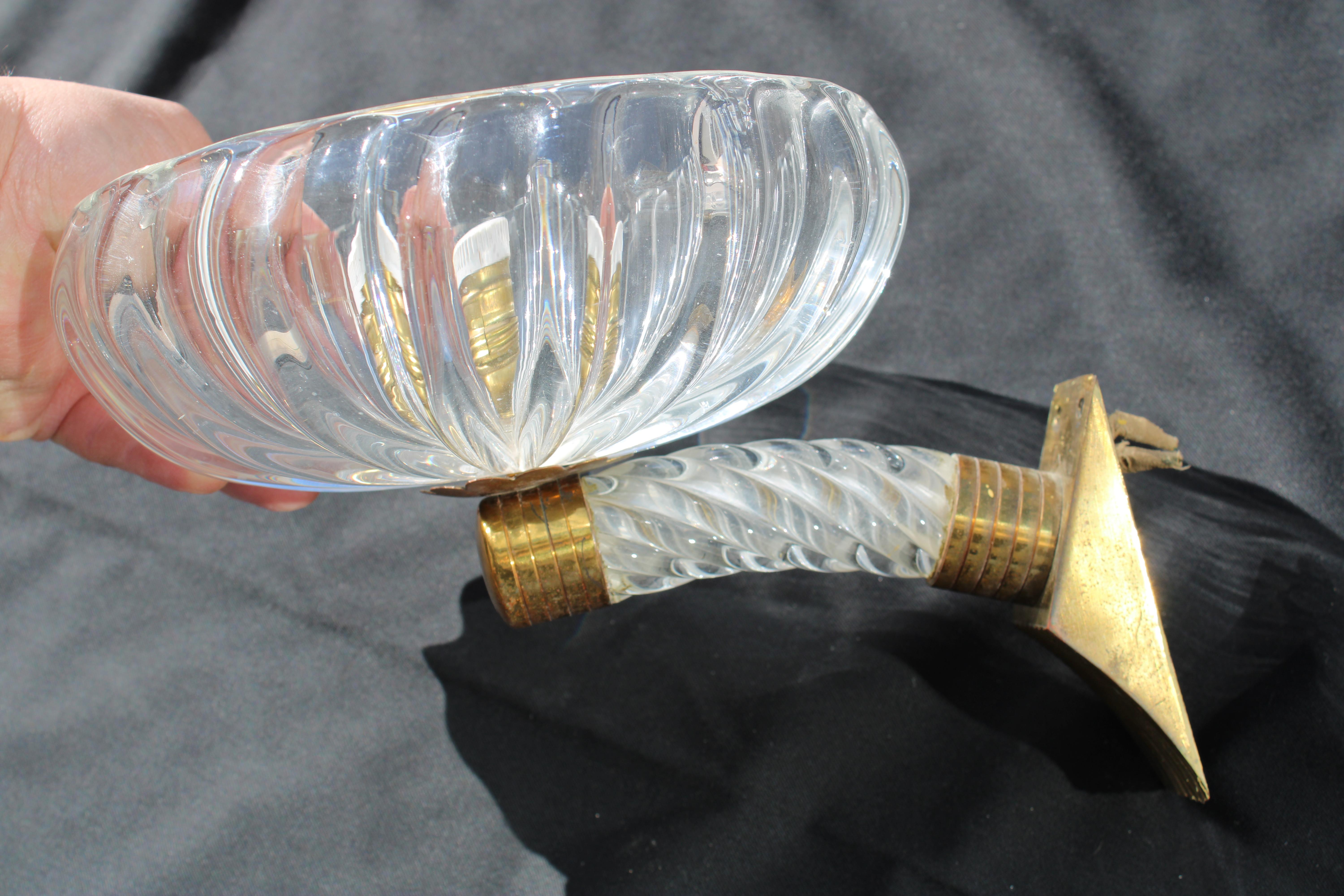 Pair of Barovier 1940 Murano Wall Lamps Brass Parts For Sale 2