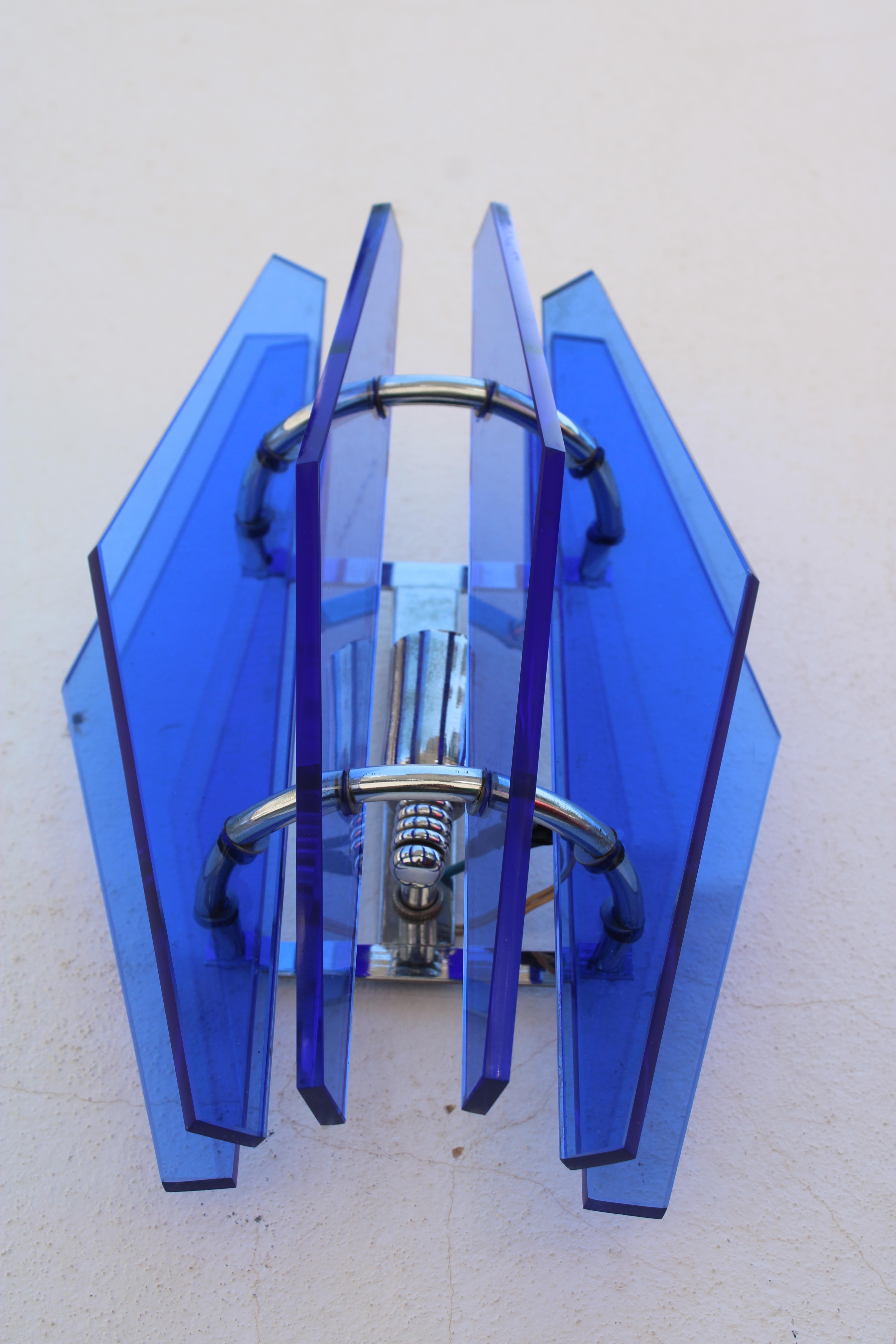 Coppia di lampade da Parete in Cristallo Blu coblato Veca Design 1960 en venta 4