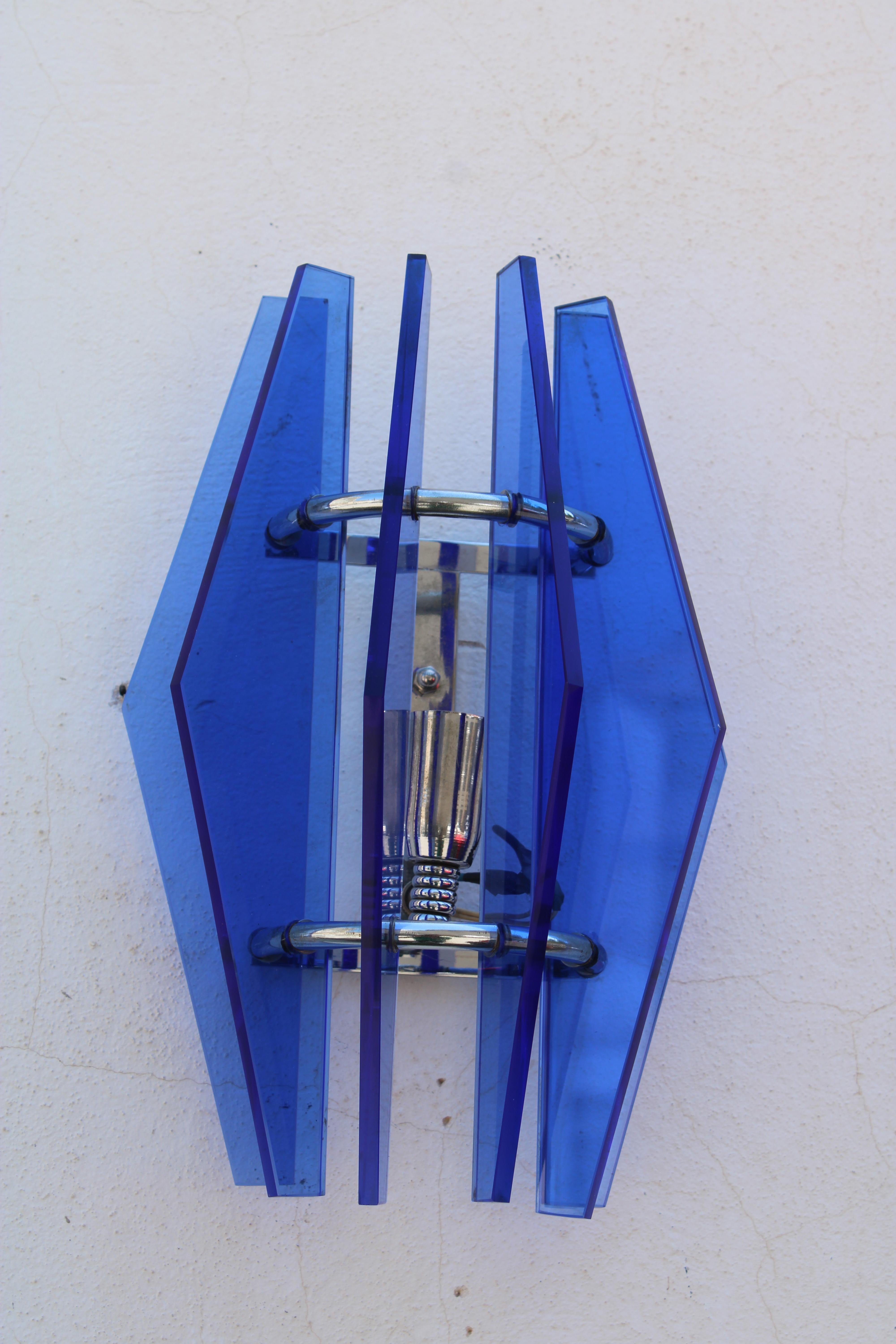 Coppia di lampade da Parete in Cristallo Blu coblato Veca Design 1960 en venta 2