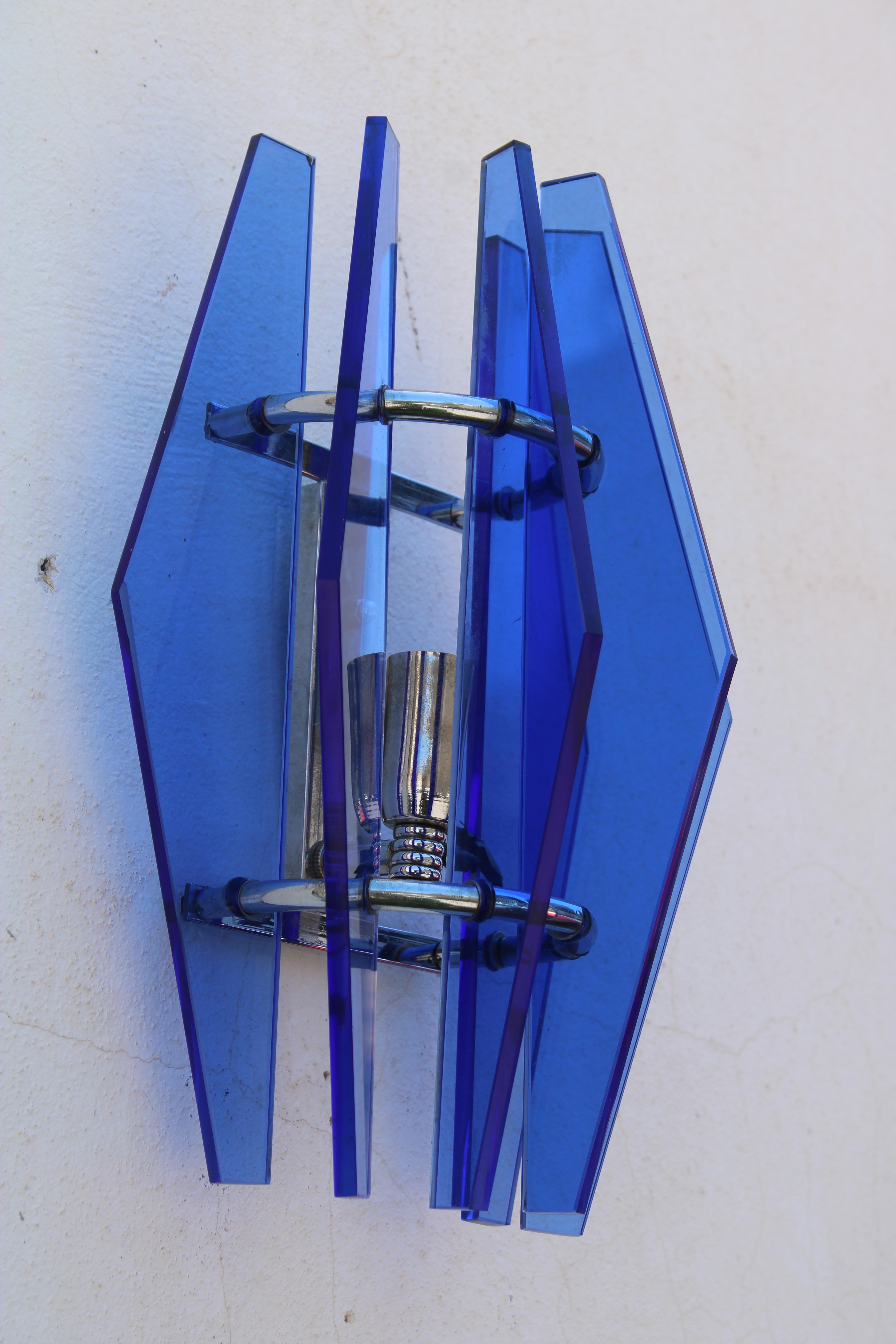 Coppia di lampade da Parete in Cristallo Blu coblato Veca Design 1960 en venta 3