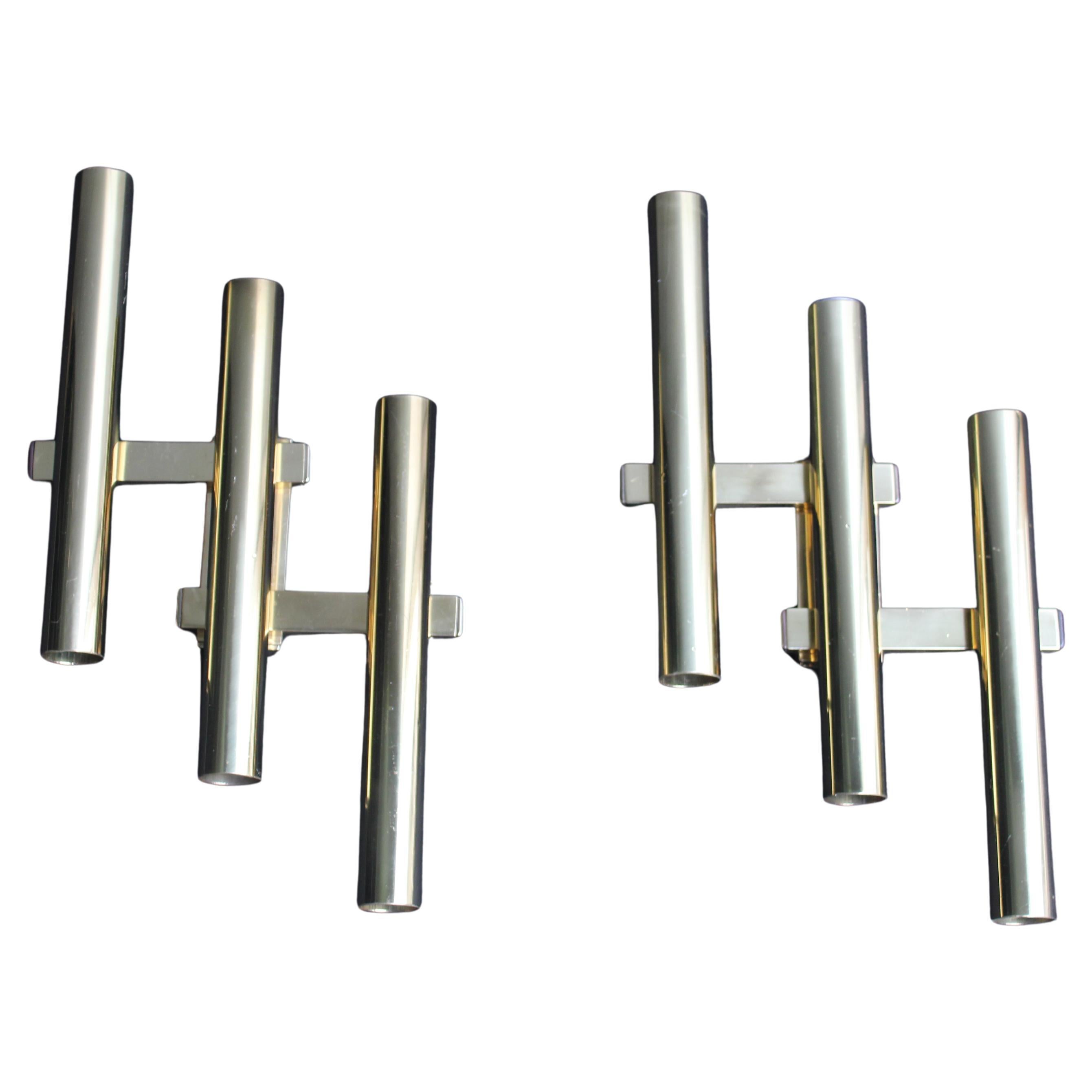 Coppia di Lampade da parete Italiane Sciolari 1970 Tubolari in ottone dorato.