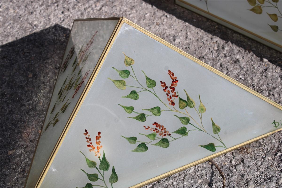 Late 20th Century Pair of Wall Lamps triangle design Italian glass painted naturalist For Sale