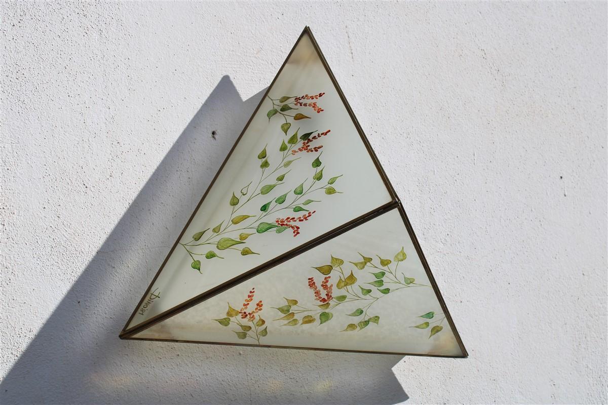 Brass Pair of Wall Lamps triangle design Italian glass painted naturalist For Sale