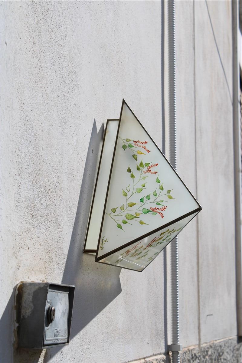 Pair of Wall Lamps triangle design Italian glass painted naturalist For Sale 1