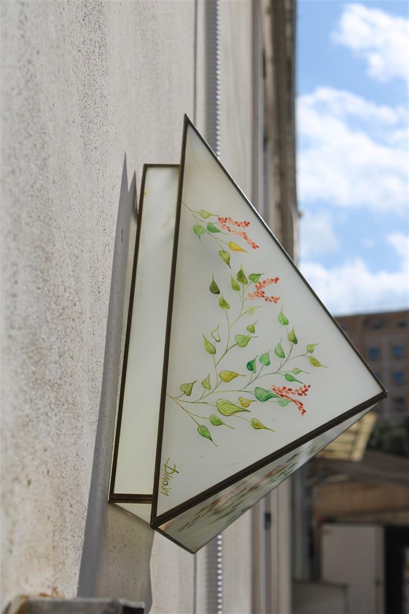 Pair of Wall Lamps triangle design Italian glass painted naturalist For Sale 2