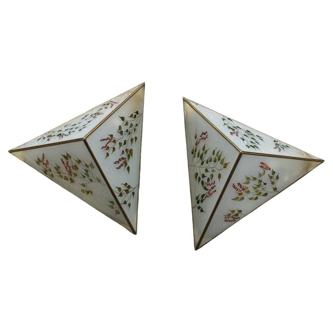 Pair of Wall Lamps triangle design Italian glass painted naturalist For Sale