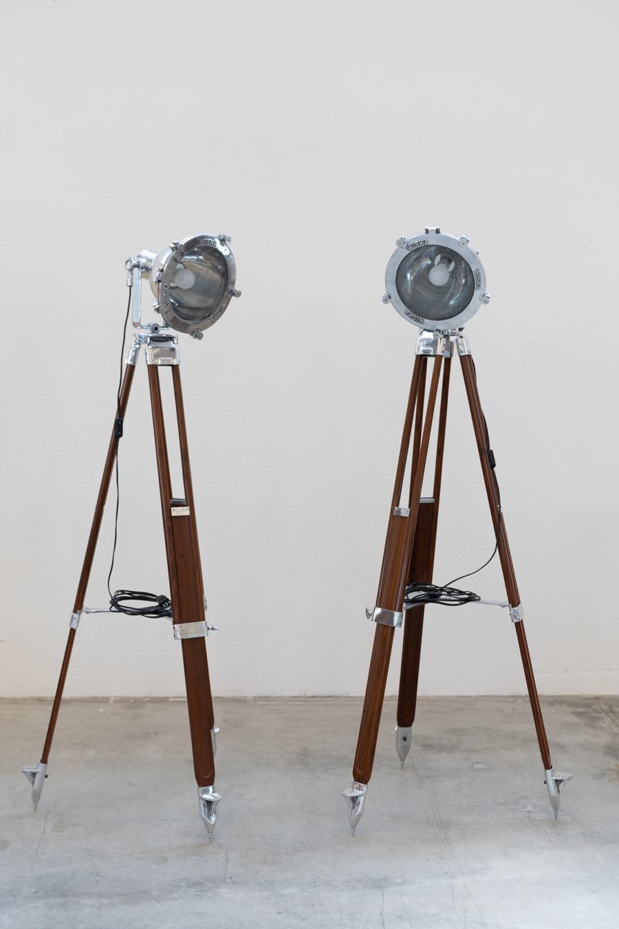 Pair of nautical projector tripod floor lamps WISKA high 			vintage style wood 1980/1990
Style
Modernist
Periodo del design
1980 - 1989
Production Period
1990 – 1999
Year Manufactured
1990
Country of Manufacture
Italy
Material
Anodized aluminum,