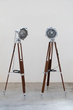 Pair of nautical projector tripod floor lamps WISKA high wood