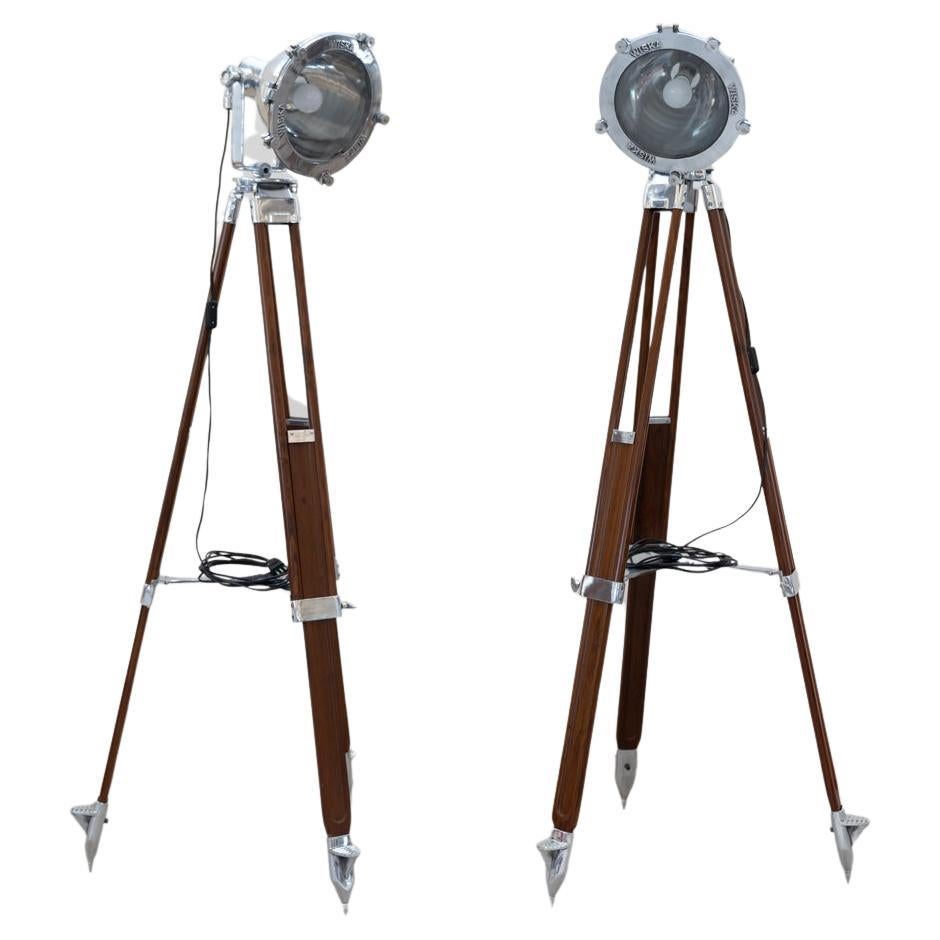Pair of nautical projector tripod floor lamps WISKA high wood  For Sale