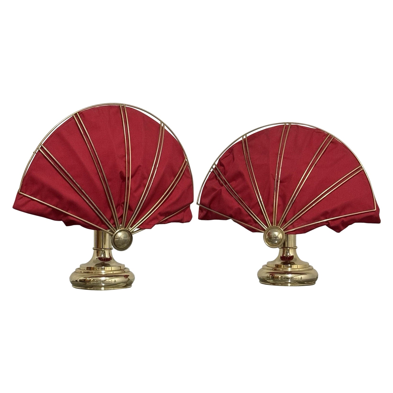 Coppia Di Lampade Da Tavolo A Ventaglio In Ottone Hollywood Regency 1970’s For Sale