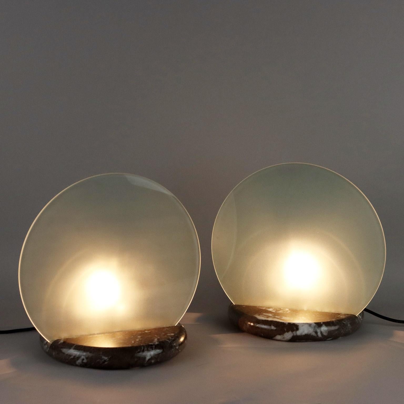 Pair of table lamps, marble base, aluminum, glass. Good conditions.